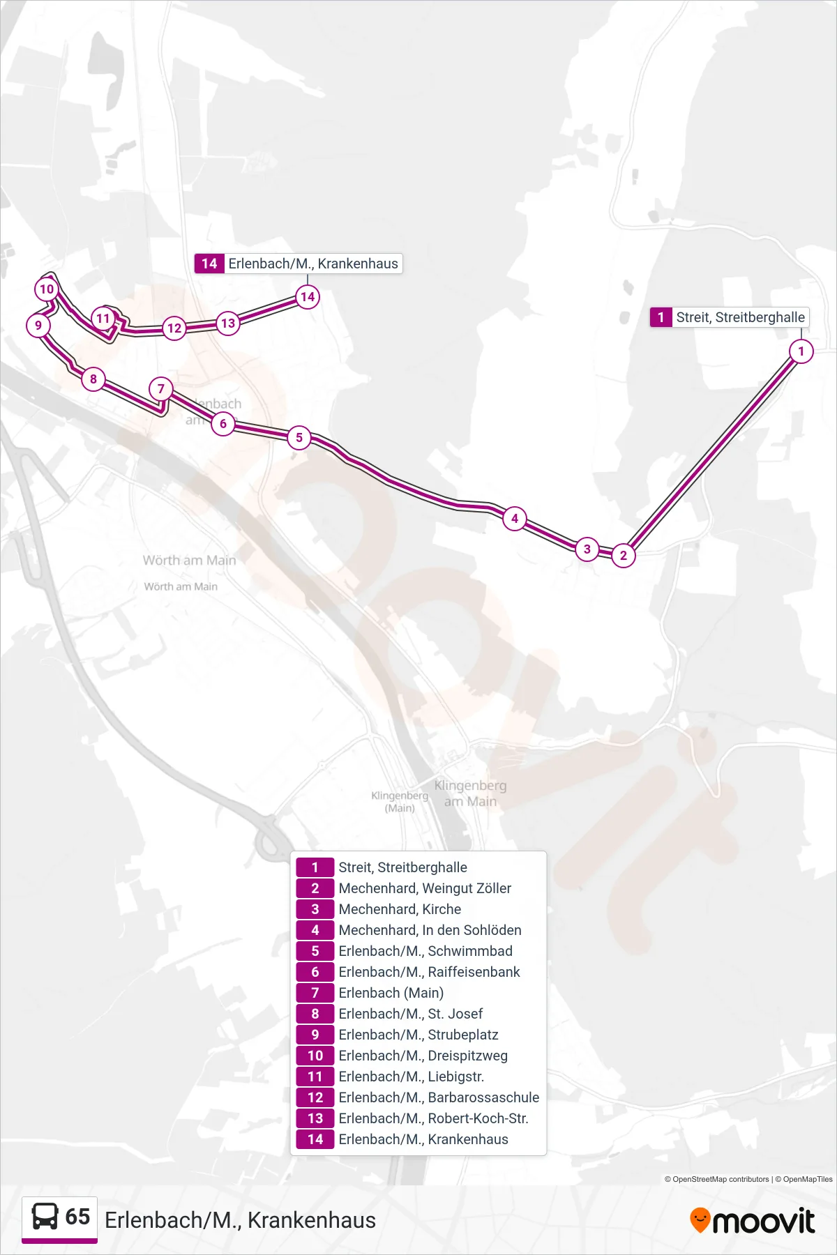 65 bus Line (Erlenbach/M., Krankenhaus) route and stops on a map