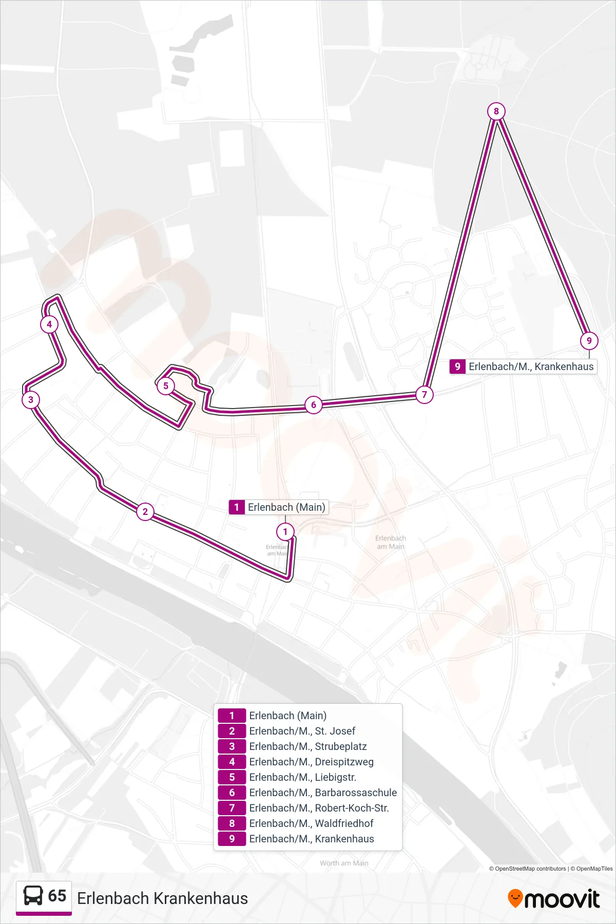 65 bus Line (Erlenbach Krankenhaus) route and stops on a map