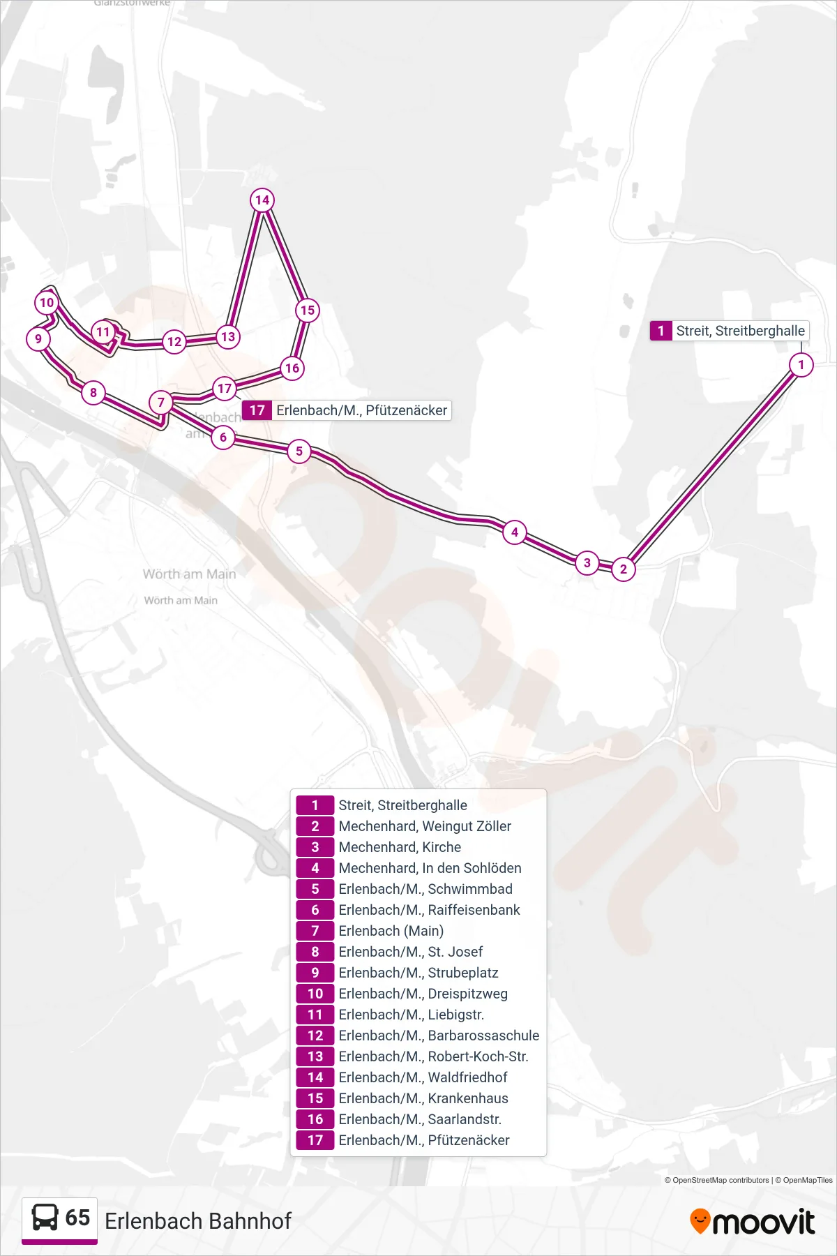 65 bus Line (Erlenbach Bahnhof) route and stops on a map