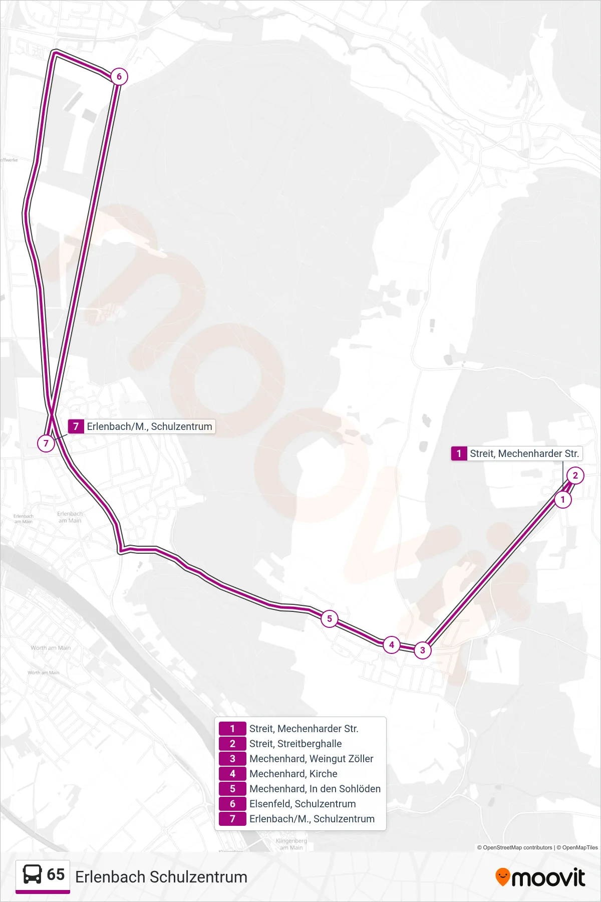 65 bus Line (Erlenbach Schulzentrum) route and stops on a map