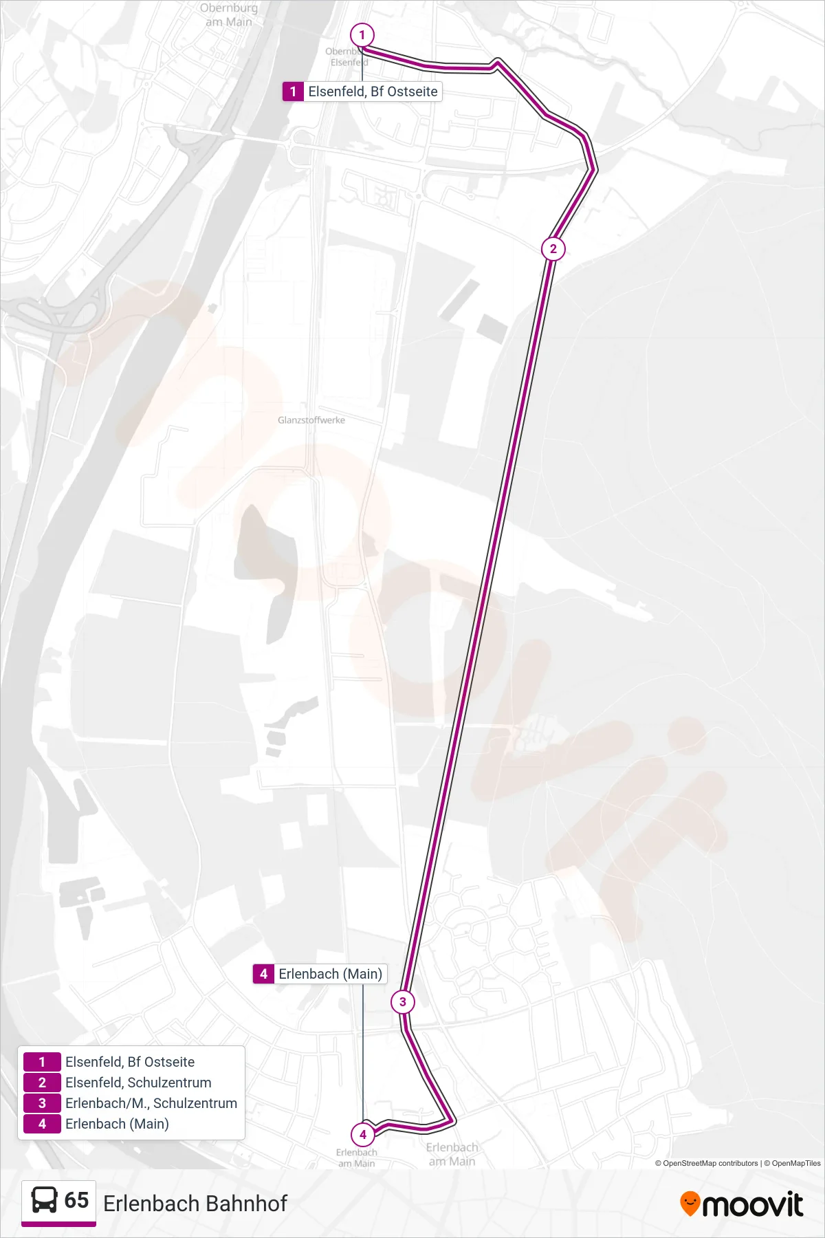 65 bus Line (Erlenbach Bahnhof) route and stops on a map
