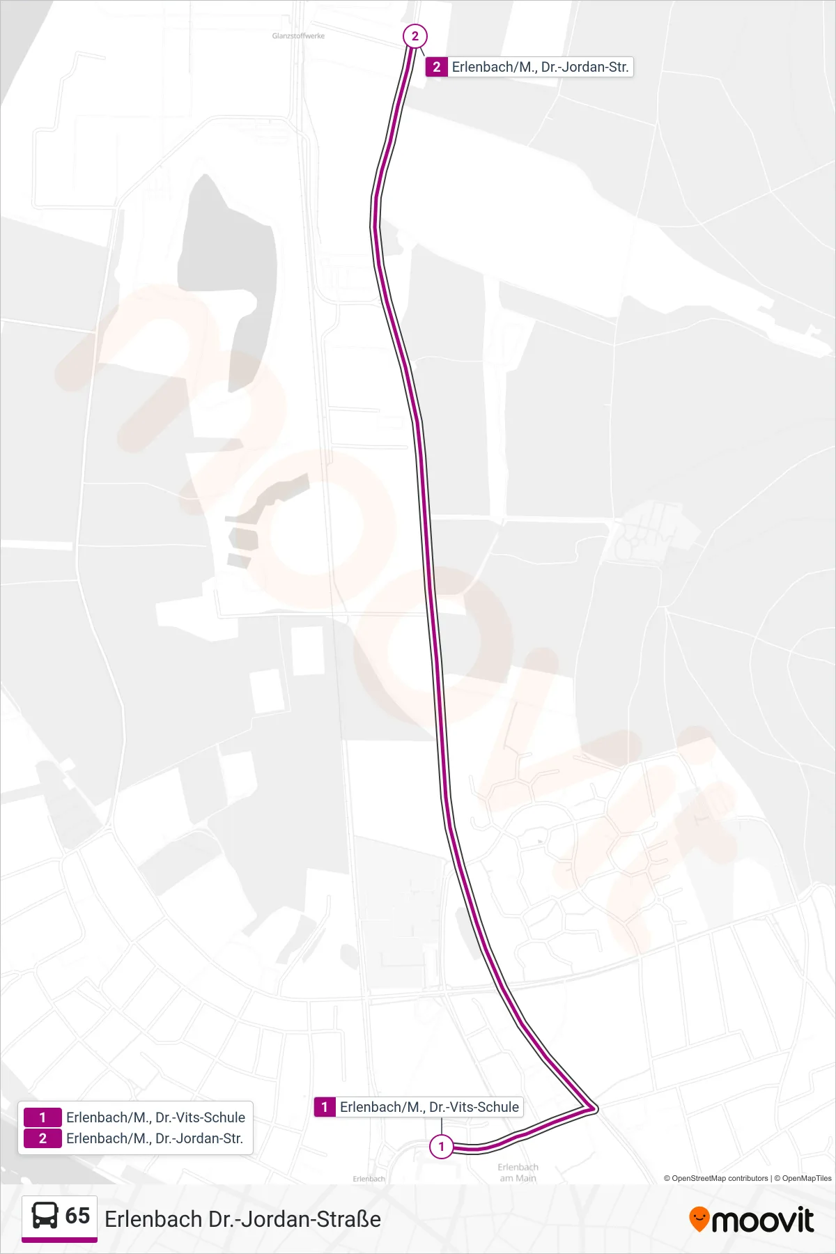 65 bus Line (Erlenbach Dr.-Jordan-Straße) route and stops on a map