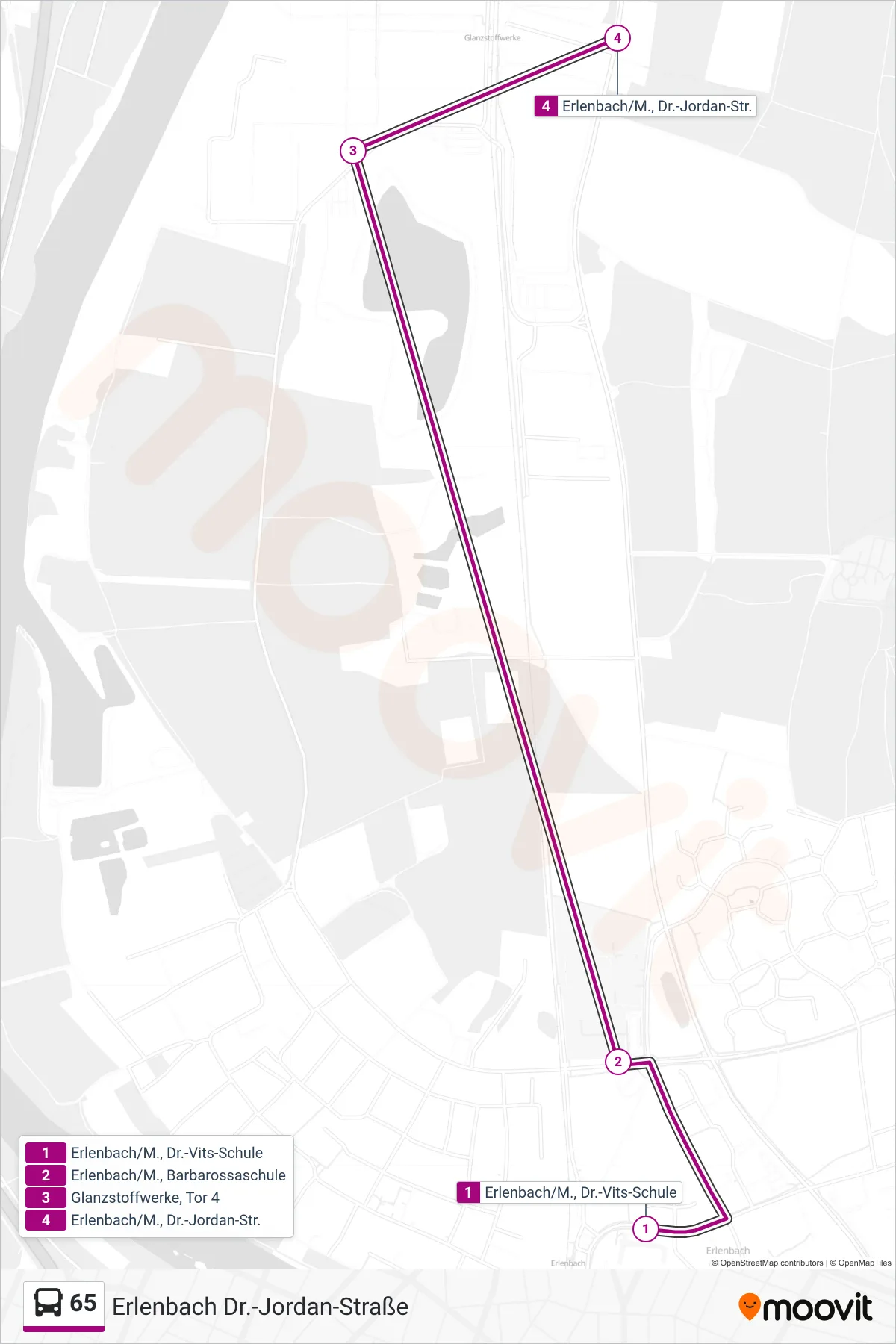 65 bus Line (Erlenbach Dr.-Jordan-Straße) route and stops on a map