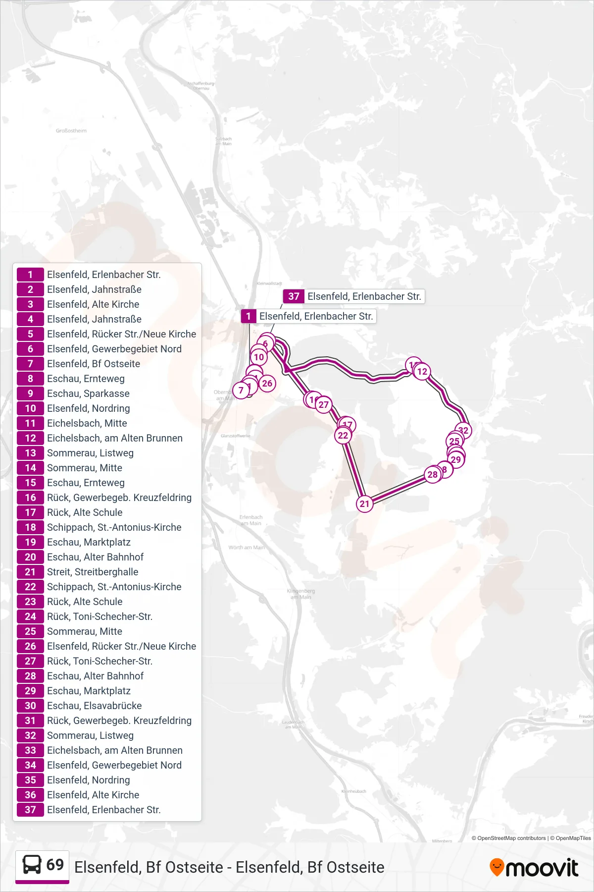 69 bus Line (Elsenfeld, Bf Ostseite) route and stops on a map