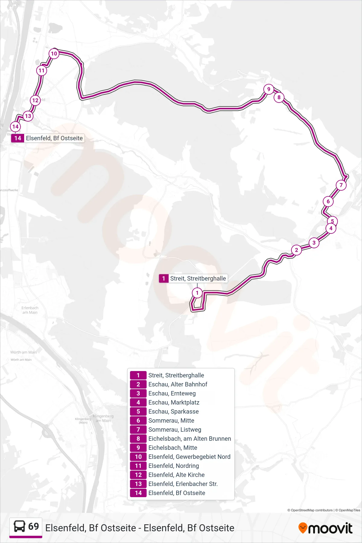 Linie 69 (Bus) Richtung Elsenfeld Bahnhof Ostseite: Route und Haltestellen auf der Karte
