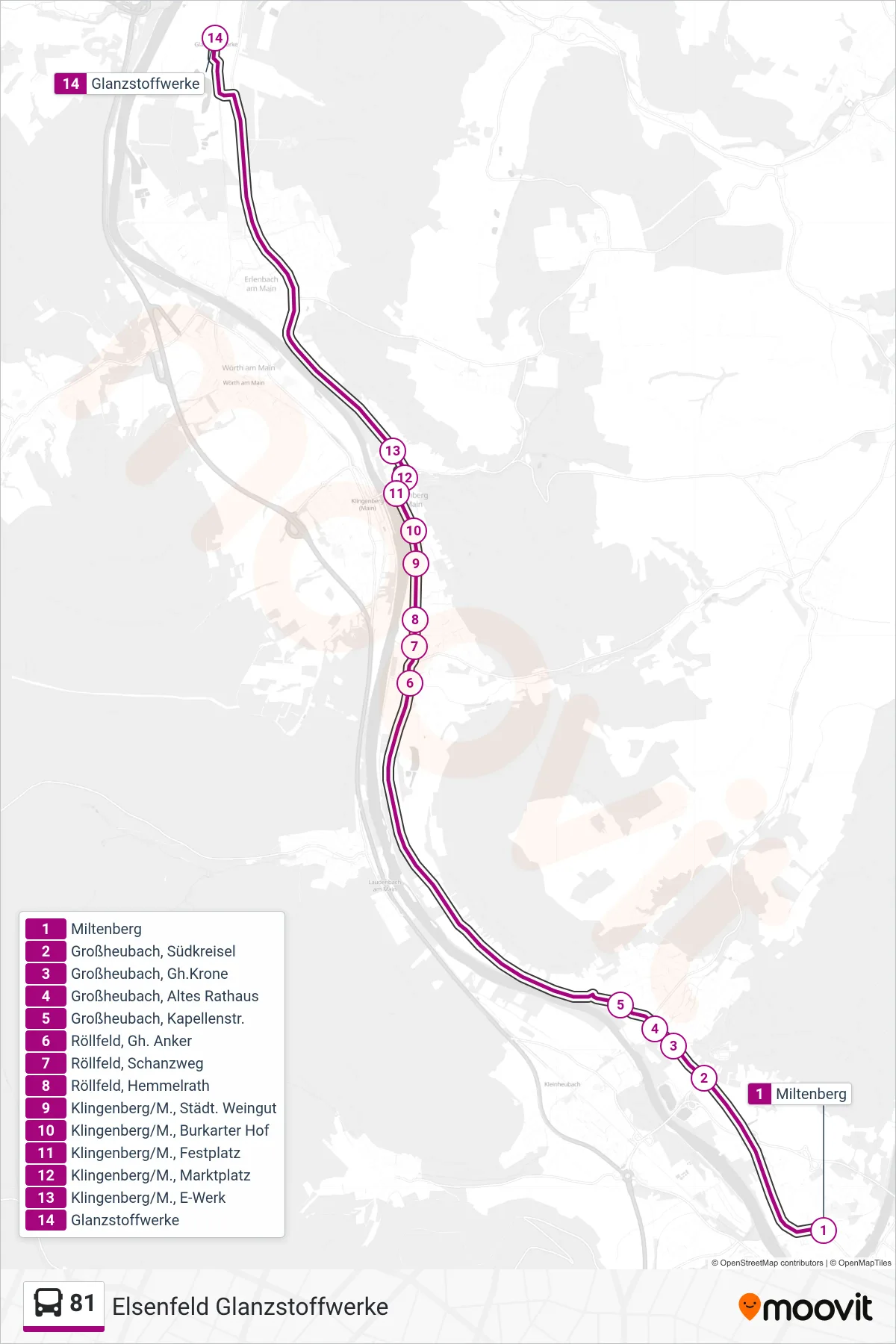 81 bus Line (Elsenfeld Glanzstoffwerke) route and stops on a map