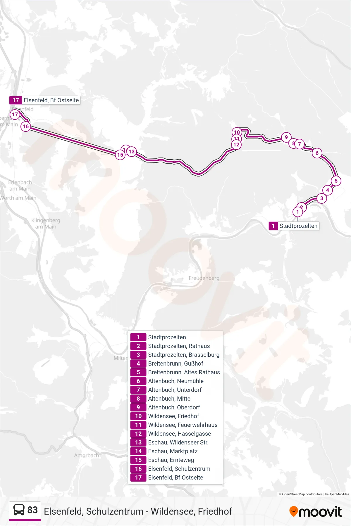 Linie 83 (Bus) Richtung Elsenfeld Bahnhof Ostseite: Route und Haltestellen auf der Karte