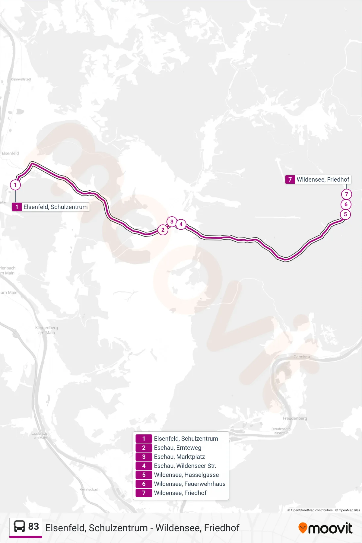 83 bus Line (Wildensee Friedhof) route and stops on a map