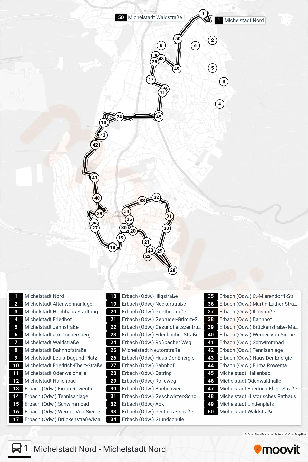 1 bus Line (Michelstadt Nord) route and stops on a map