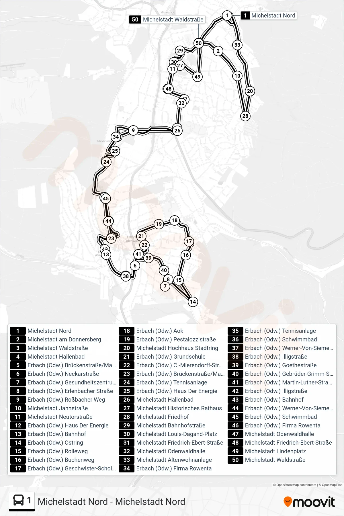 1 bus Line (Michelstadt am Donnersberg) route and stops on a map