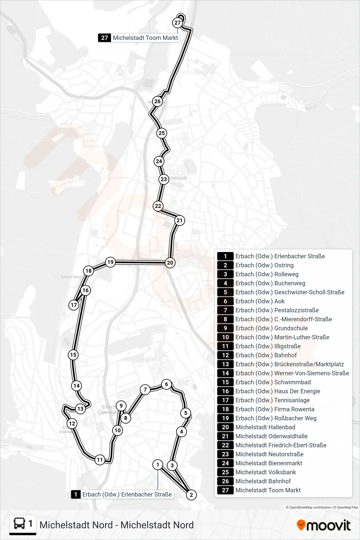 Linie 1 (Bus) Richtung Steinbach Toom: Route und Haltestellen auf der Karte