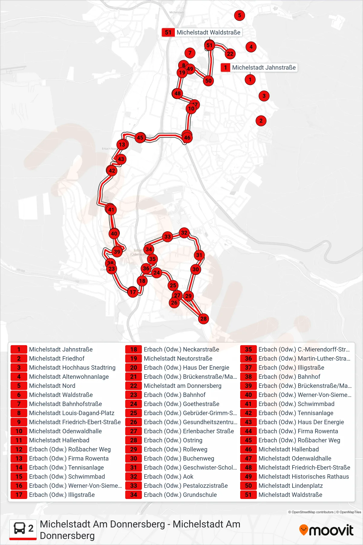 Linie 2 (Bus) Richtung Michelstadt am Donnersberg: Route und Haltestellen auf der Karte