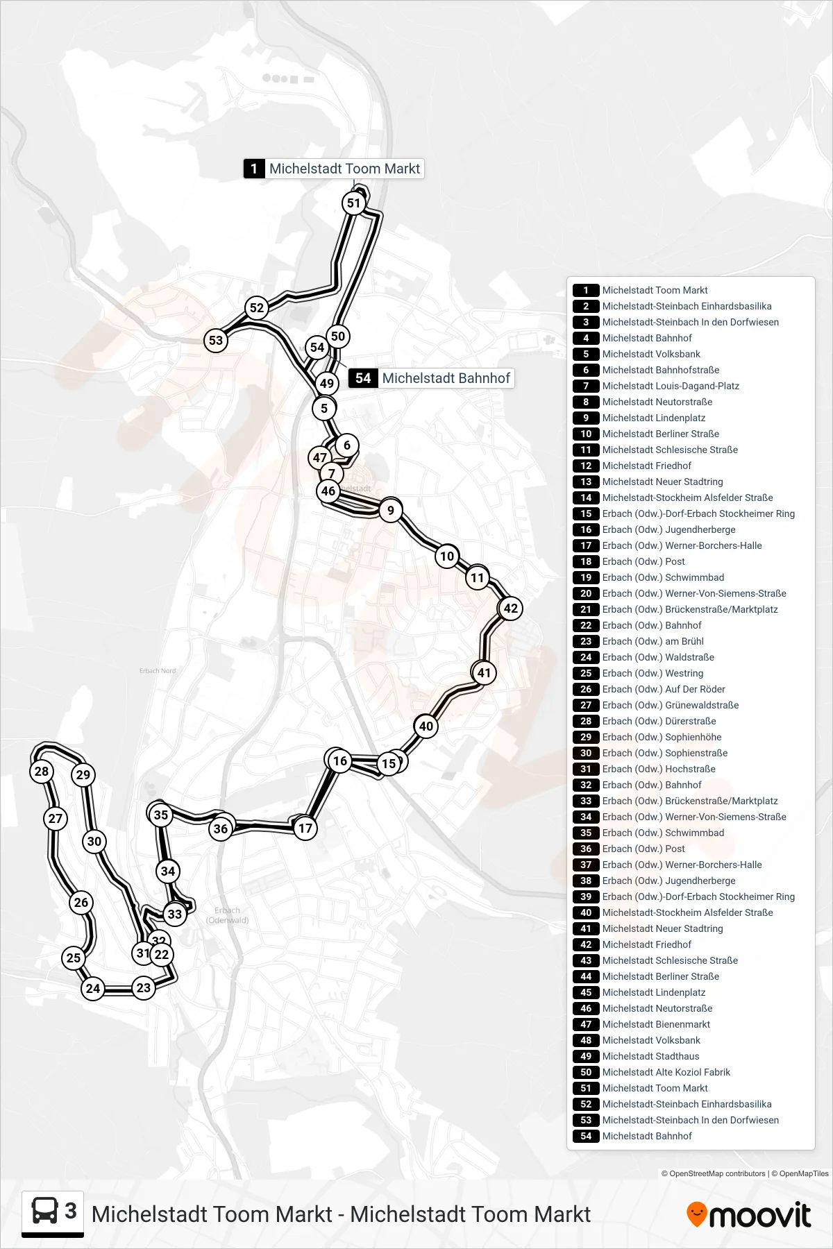 Linie 3 (Bus) Richtung Michelstadt Bahnhof: Route und Haltestellen auf der Karte