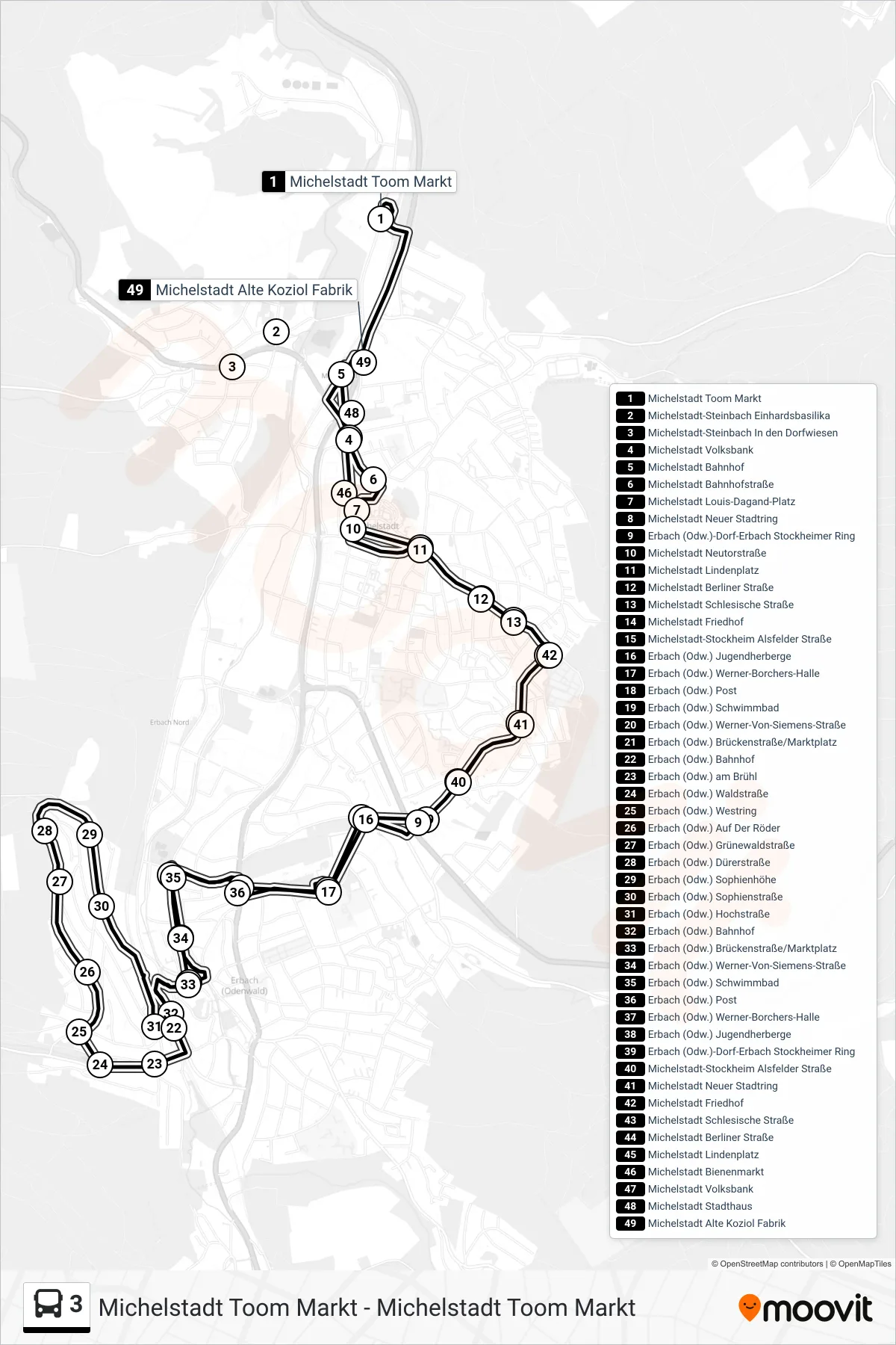 3 bus Line (Michelstadt Toom Markt) route and stops on a map