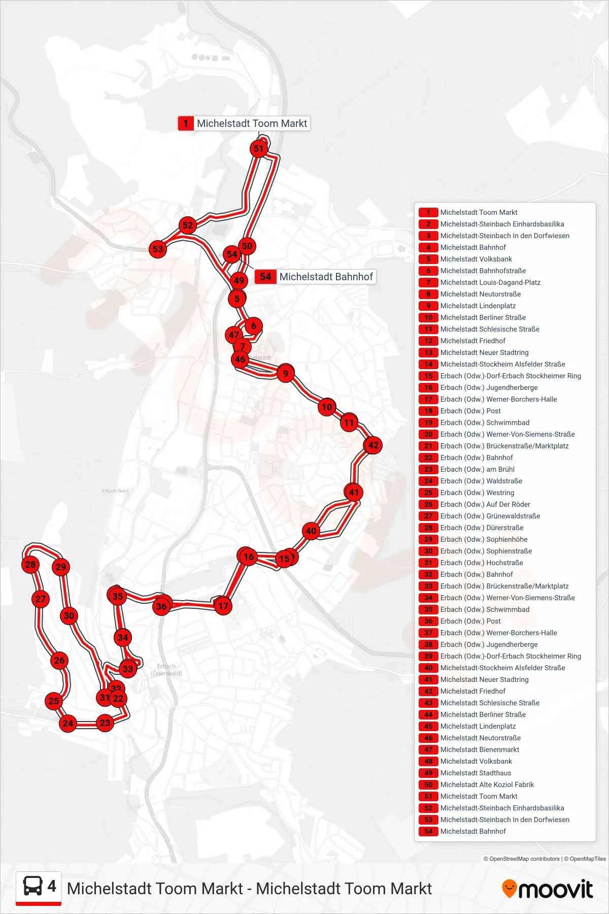 4 bus Line (Michelstadt Bahnhof) route and stops on a map
