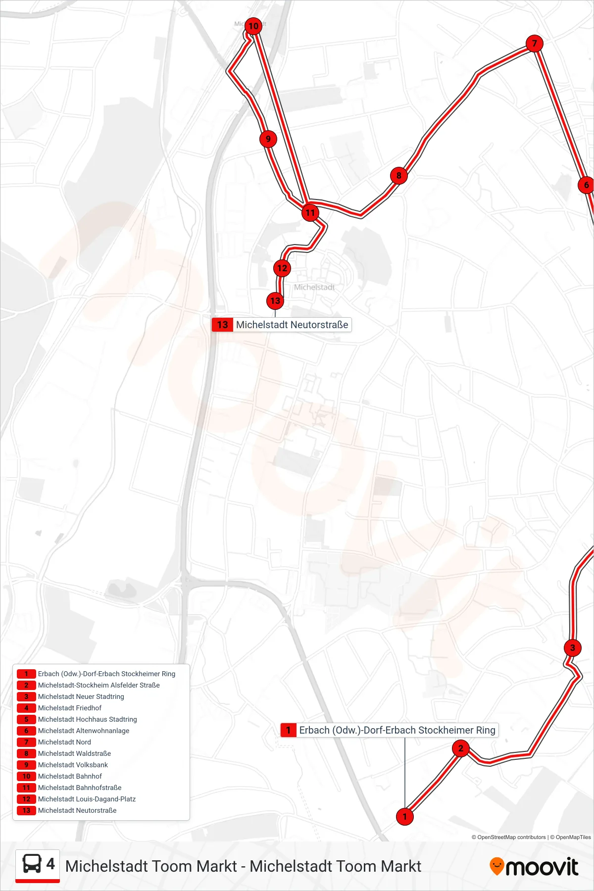 4 bus Line (Michelstadt Bhf) route and stops on a map