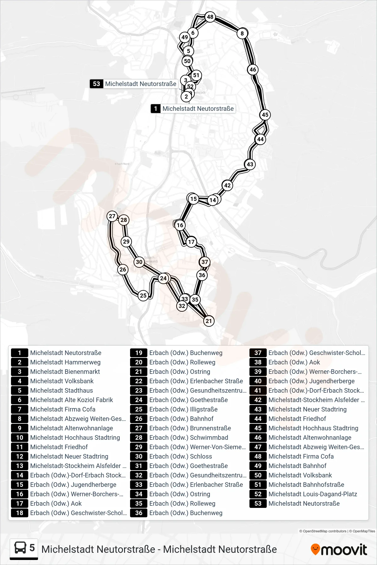 Linie 5 (Bus) Richtung Michelstadt Neutorstraße: Route und Haltestellen auf der Karte