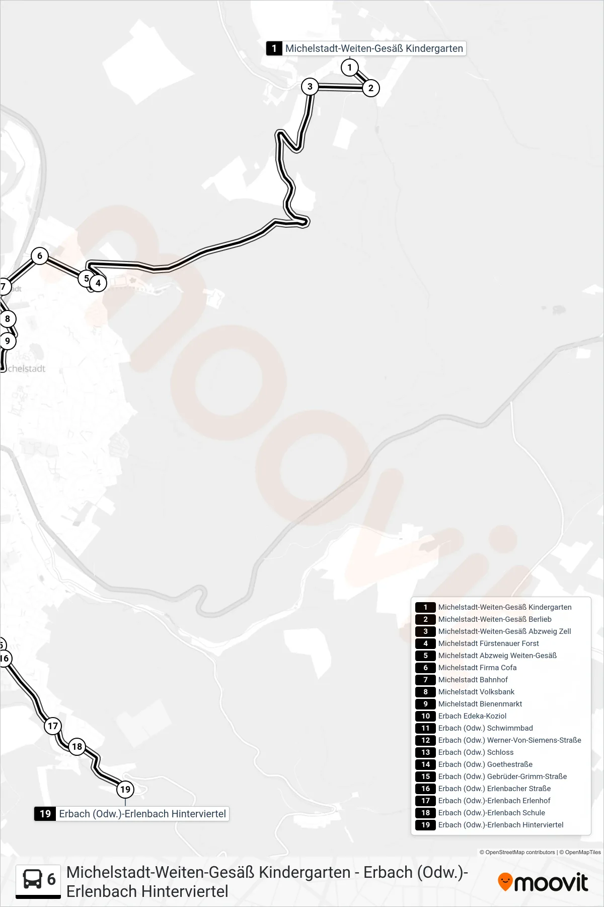 6 bus Line (Erbach (Odw.)-Erlenbach Hinterviertel) route and stops on a map