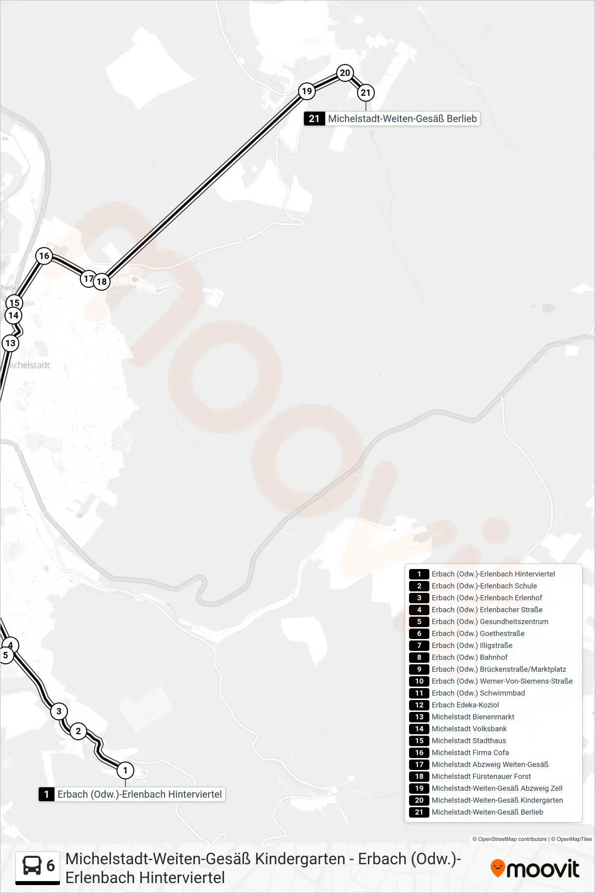 6 bus Line (Michelstadt-Weiten-Gesäß Berlieb) route and stops on a map