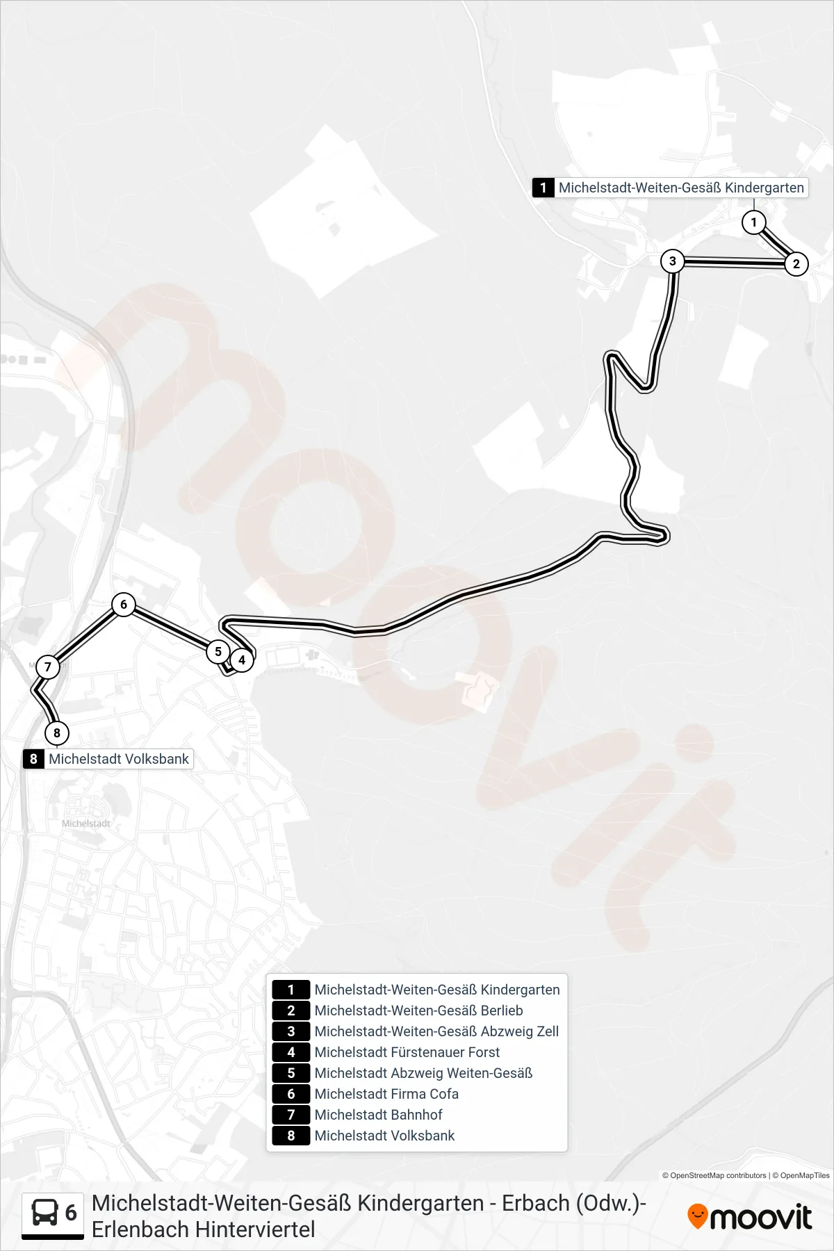Linie 6 (Bus) Richtung Michelstadt: Route und Haltestellen auf der Karte