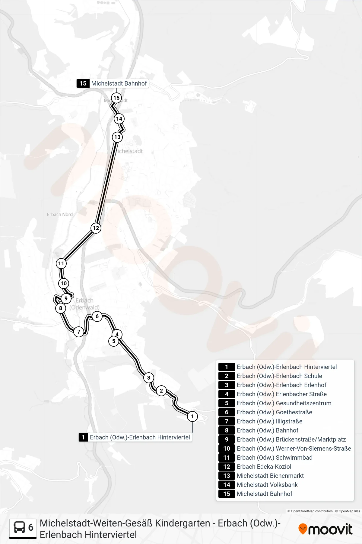 6 bus Line (Erbach/Michelstadt) route and stops on a map