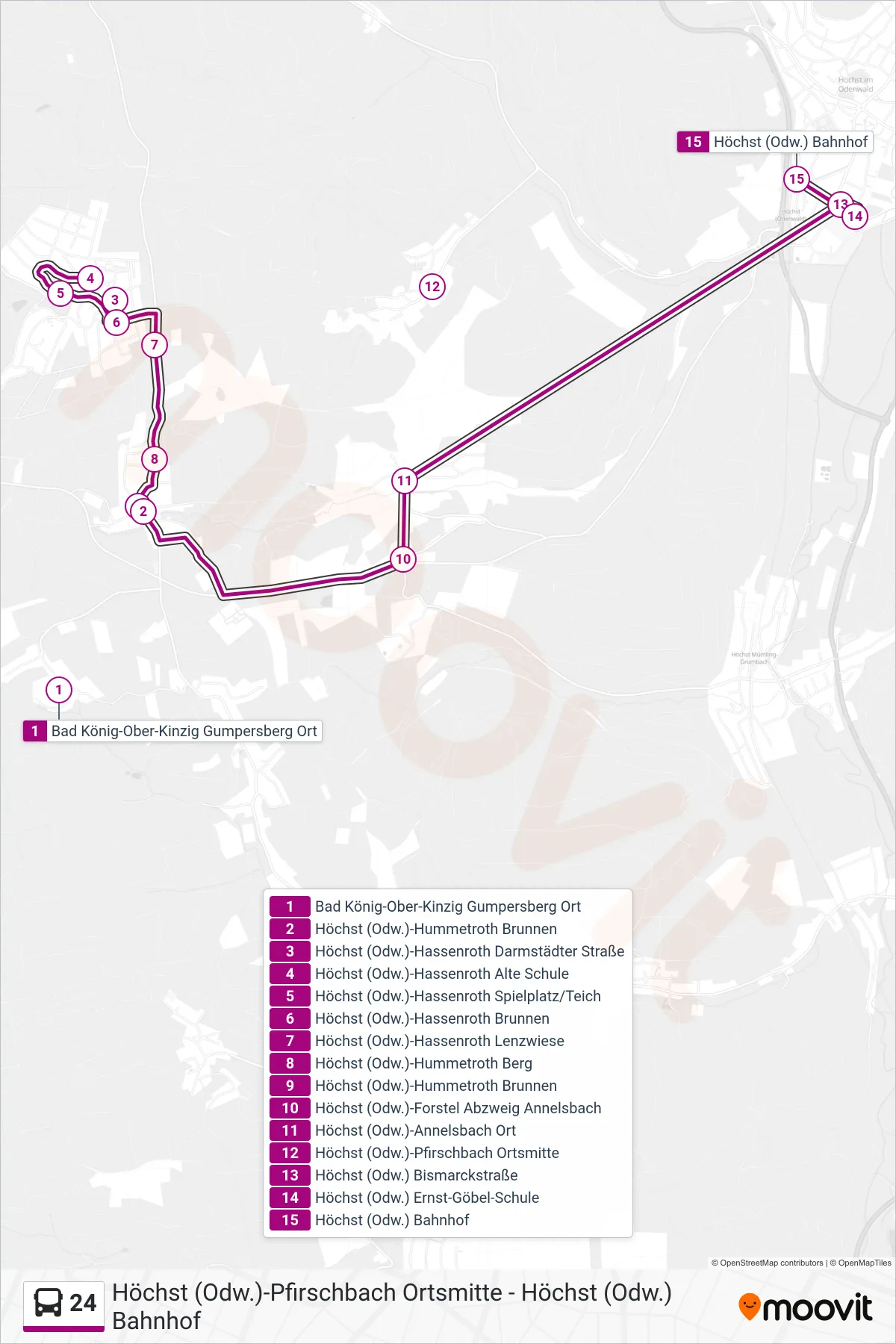 24 bus Line (Höchst) route and stops on a map