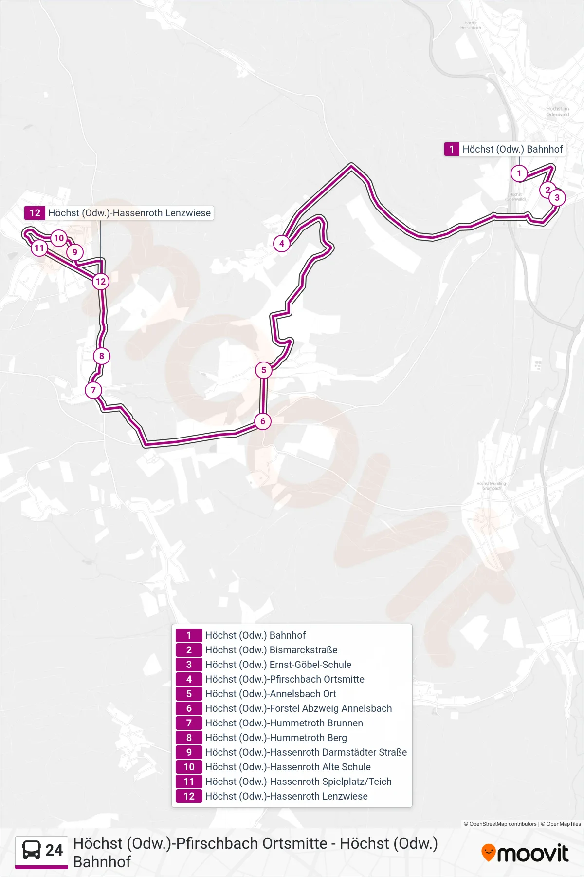24 bus Line (Hassenroth) route and stops on a map