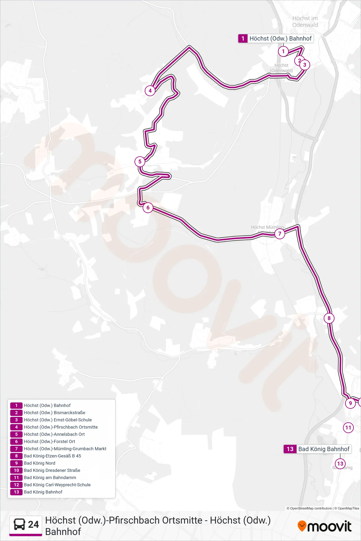 Linie 24 (Bus) Richtung Mümling-Grumbach: Route und Haltestellen auf der Karte