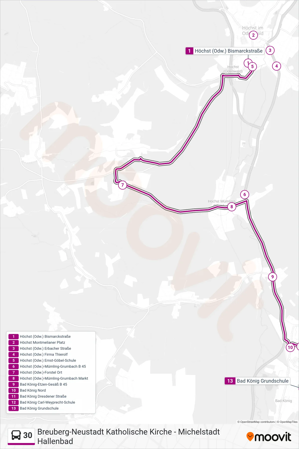 30 bus Line (Bad König) route and stops on a map