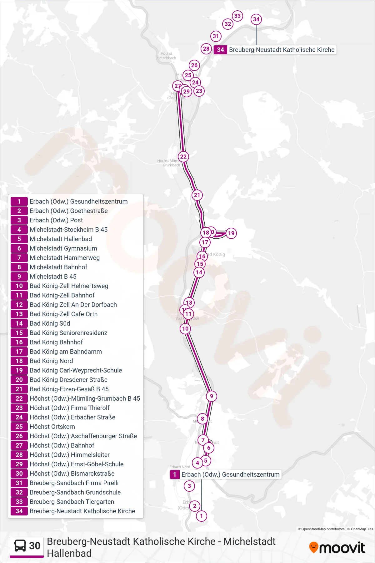 30 bus Line (Höchst) route and stops on a map