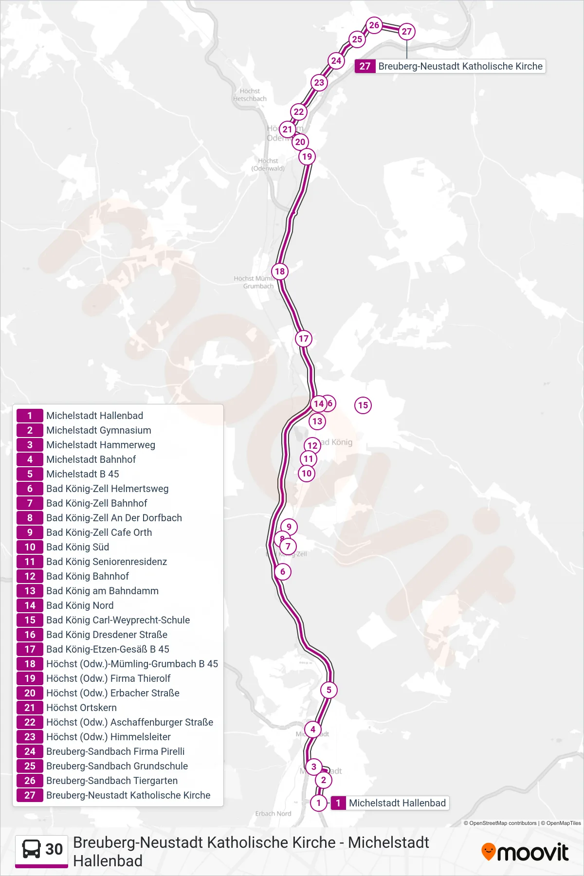 30 bus Line (Breuberg - Neustadt) route and stops on a map