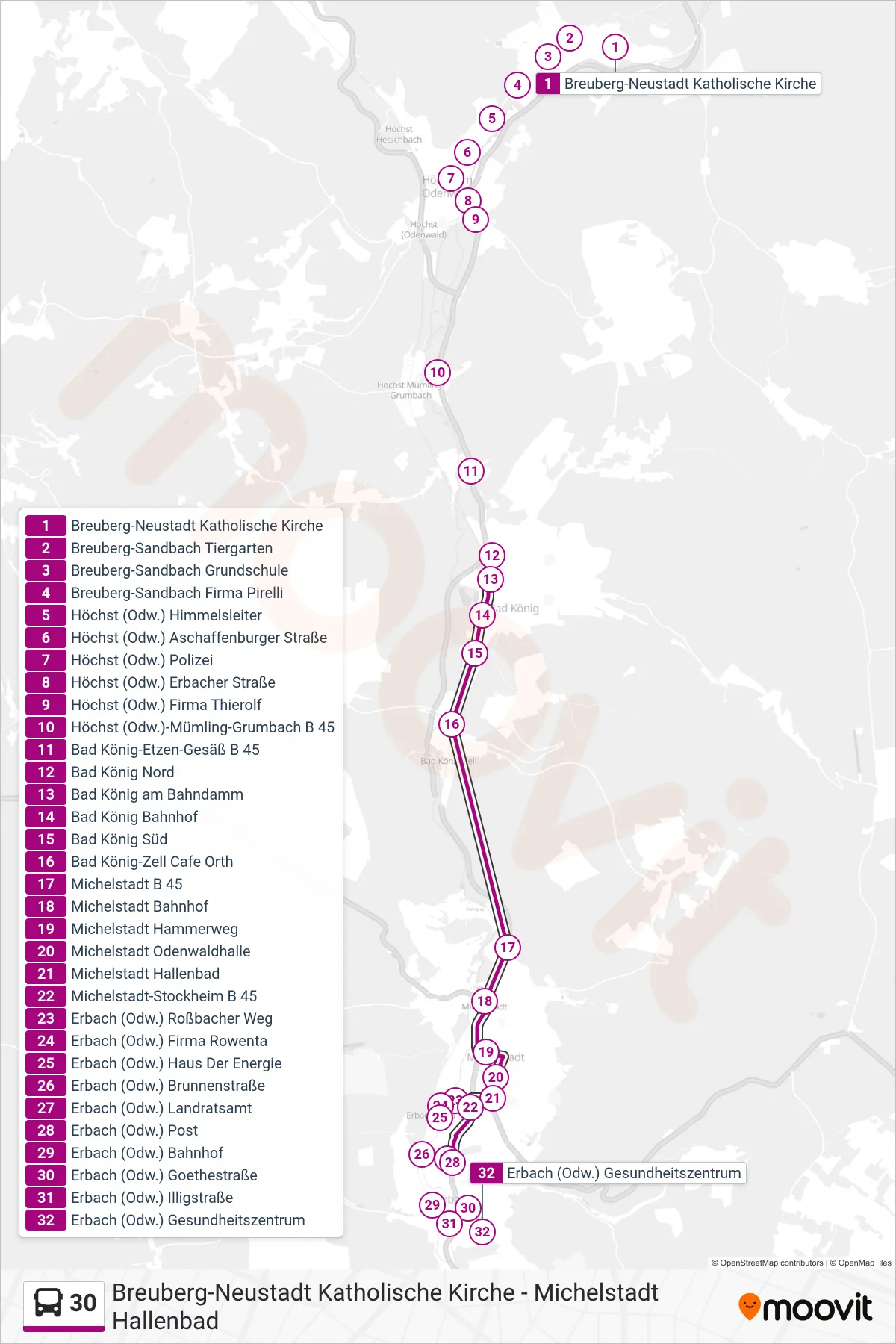 30 bus Line (Erbach) route and stops on a map