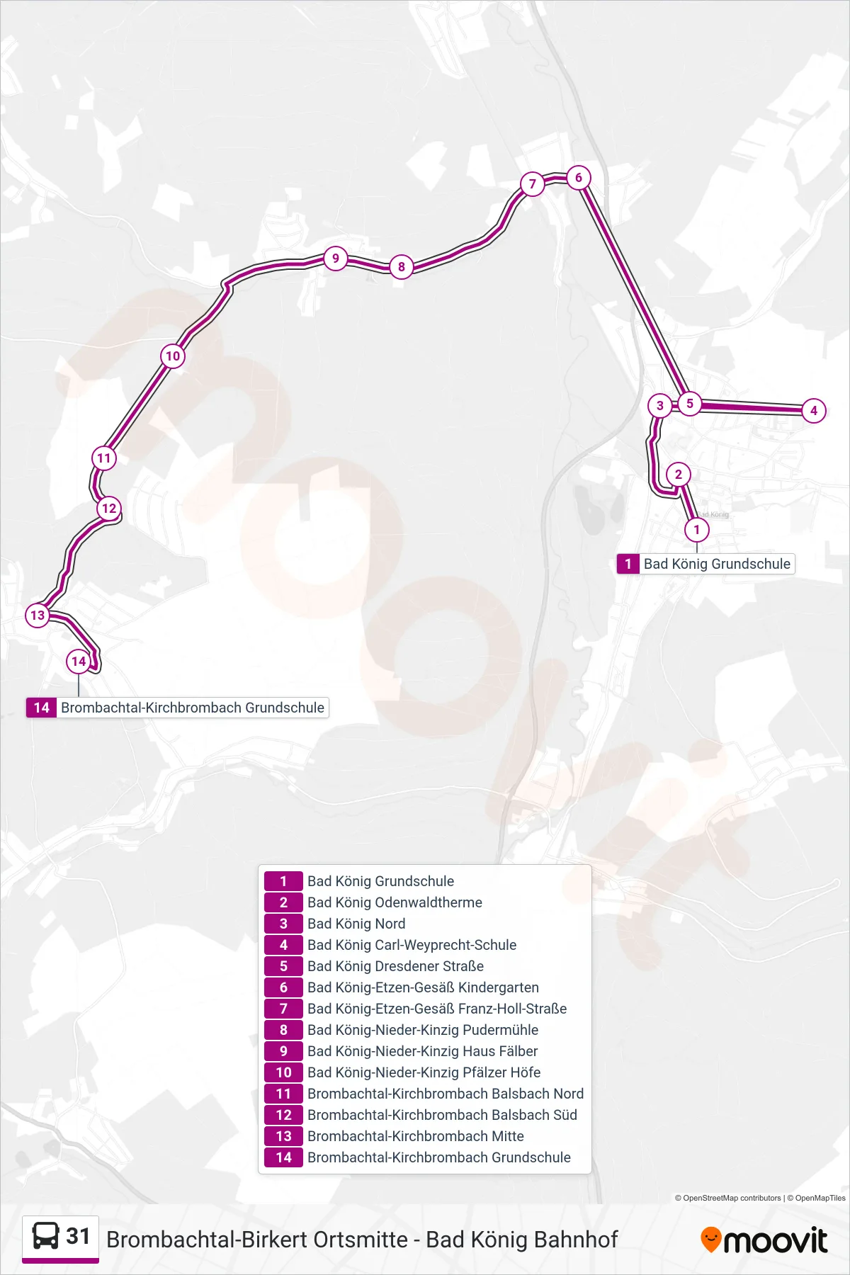 31 bus Line (Kirchbrombach) route and stops on a map