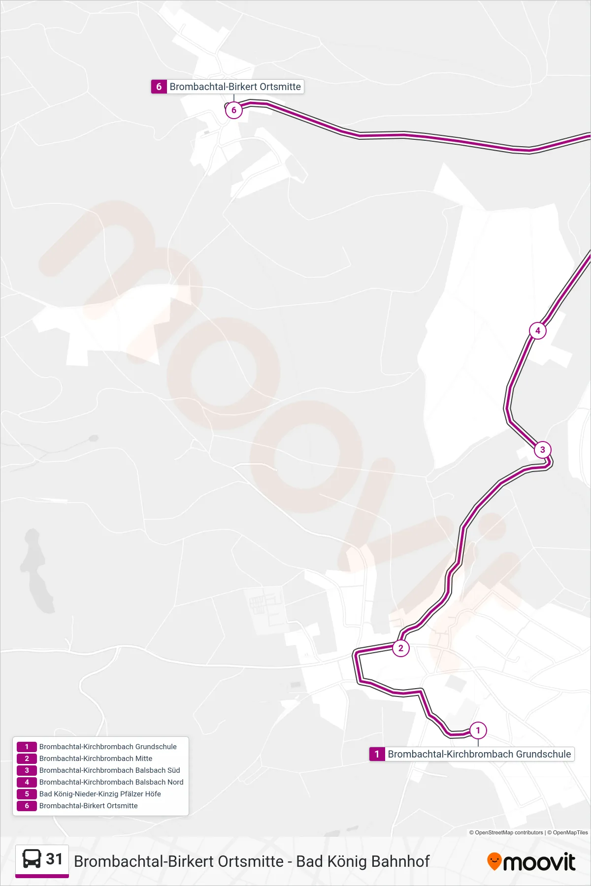 31 bus Line (Birkert) route and stops on a map
