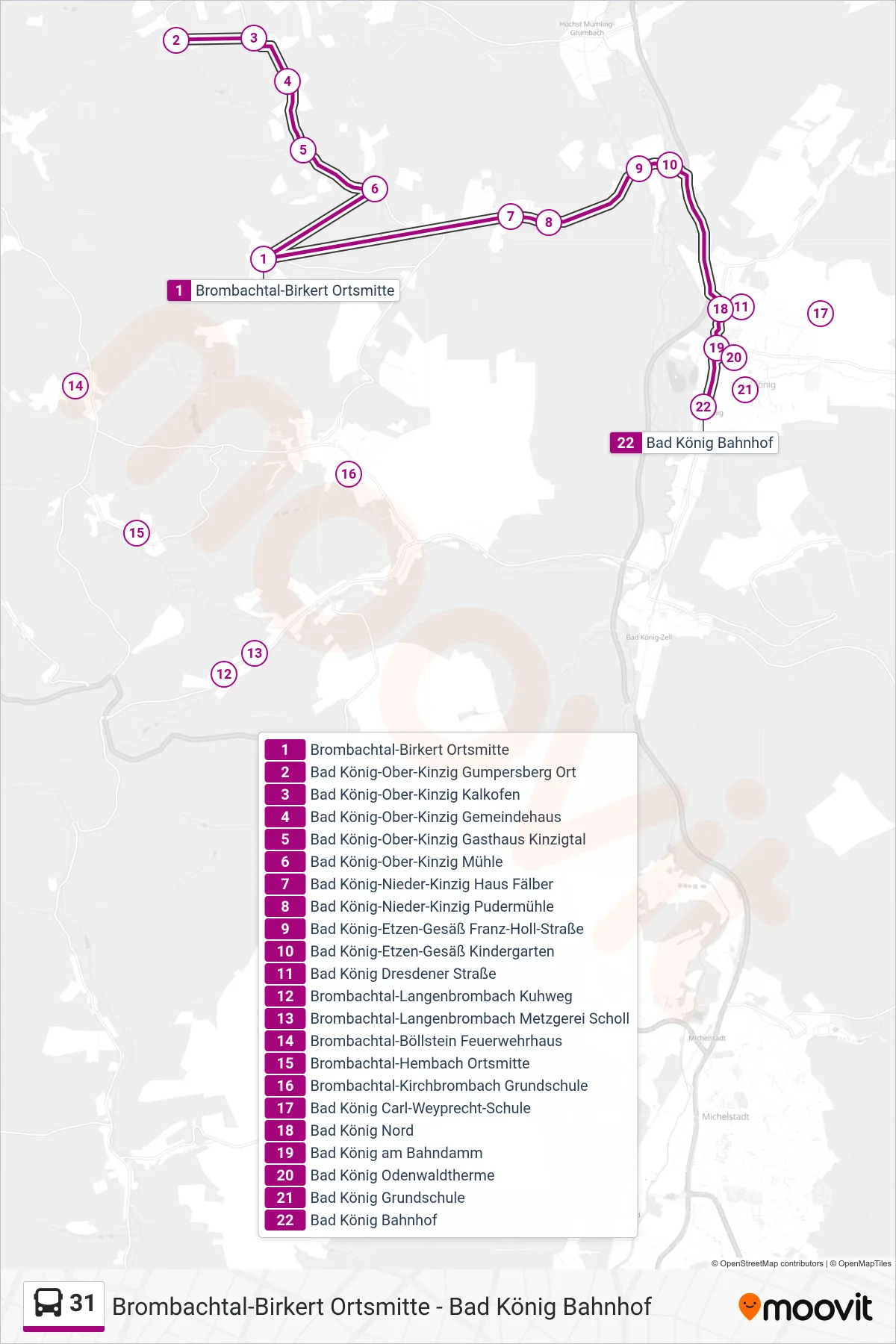 31 bus Line (Bad König) route and stops on a map