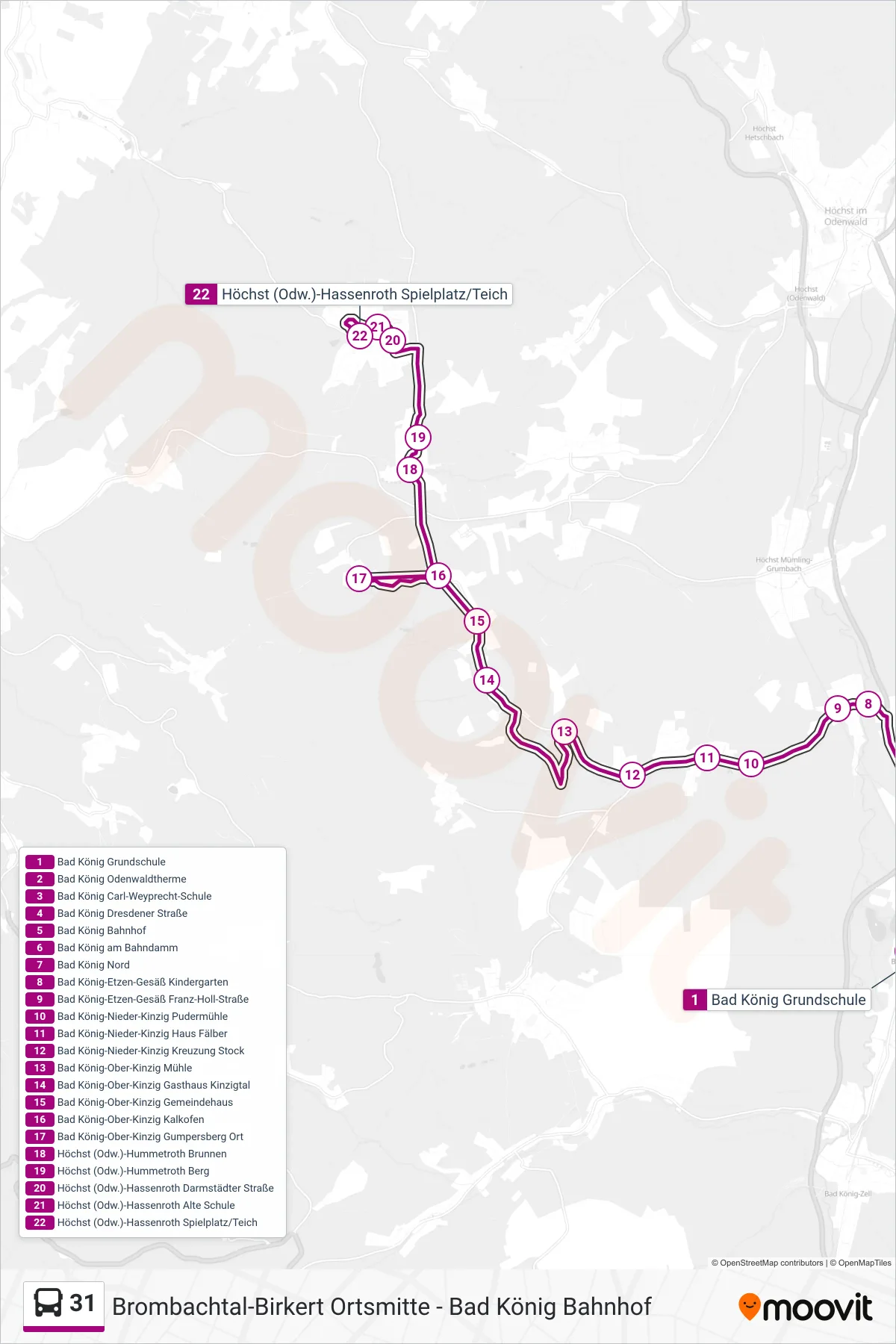 31 bus Line (Kinzigtal) route and stops on a map