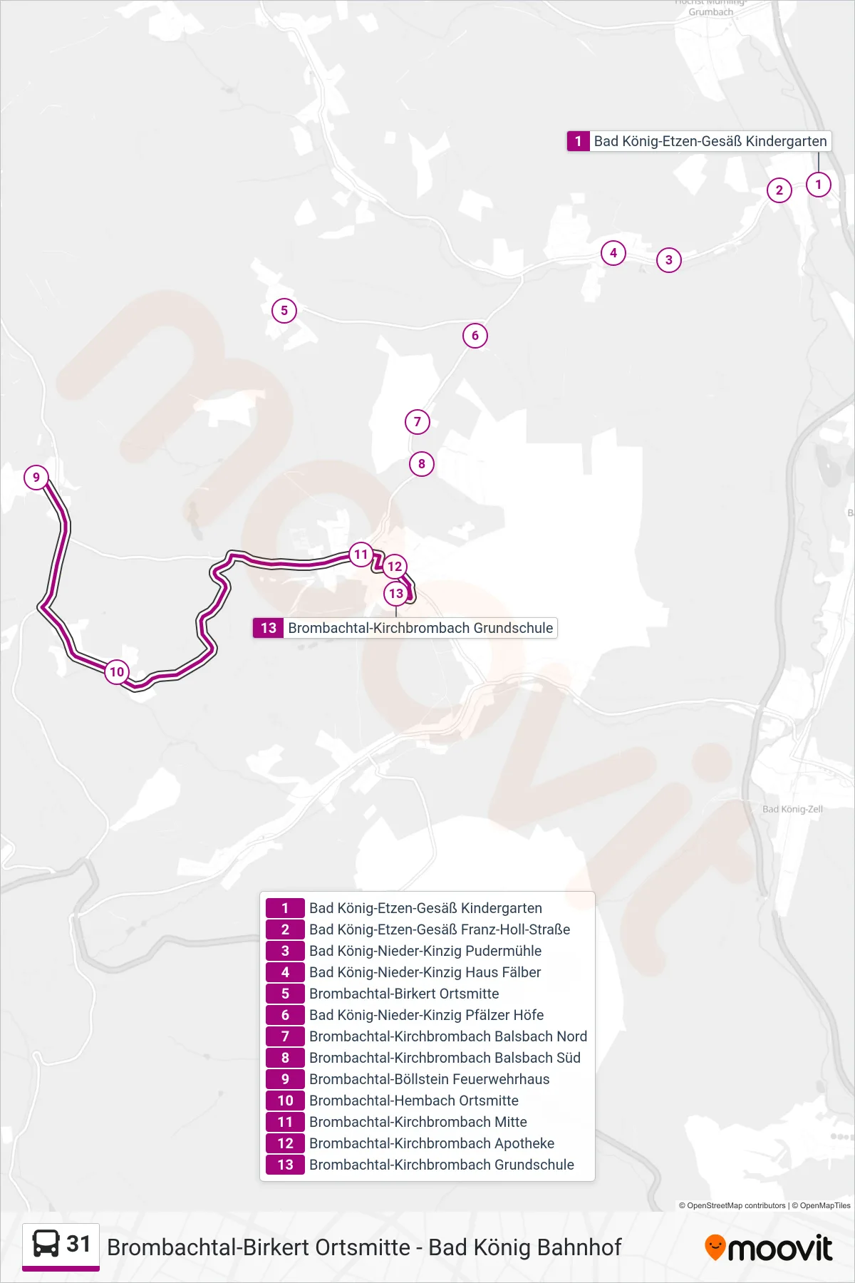 31 bus Line (Kirchbrombach) route and stops on a map