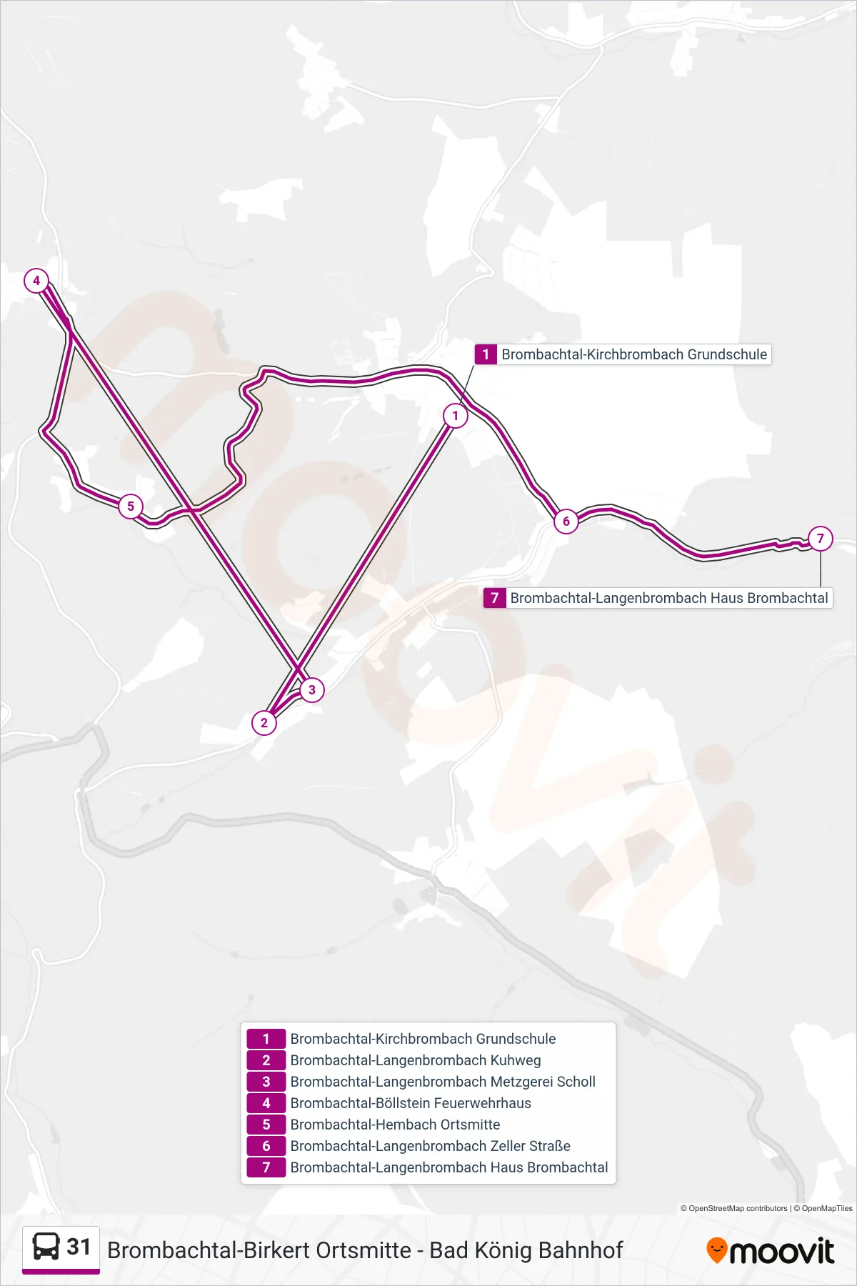 31 bus Line (Langenbrombach) route and stops on a map