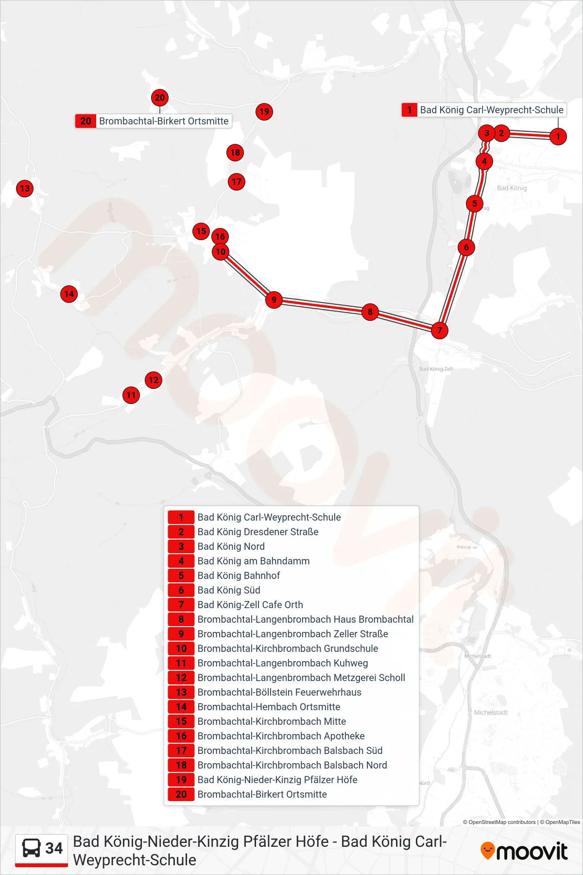 34 bus Line (Brombachtal) route and stops on a map