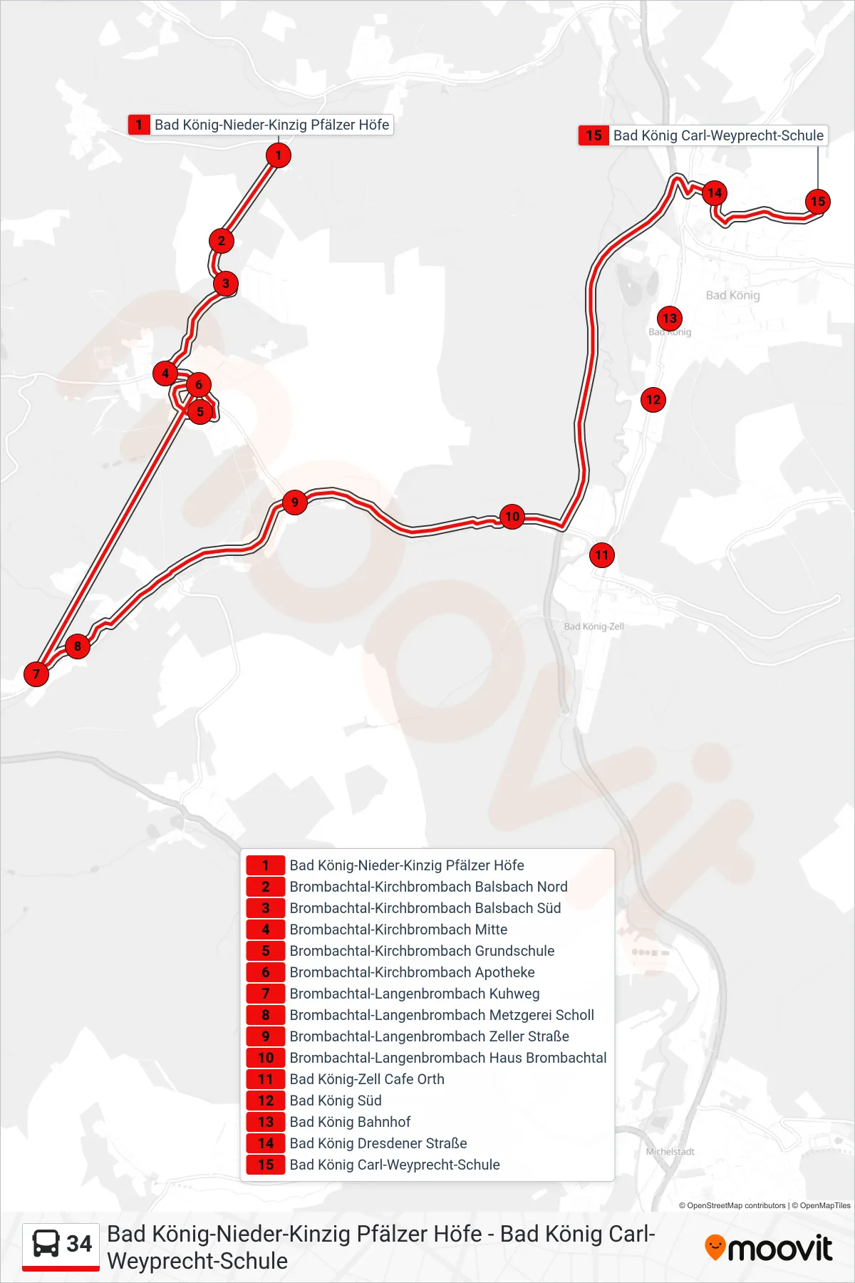 34 bus Line (Bad König) route and stops on a map