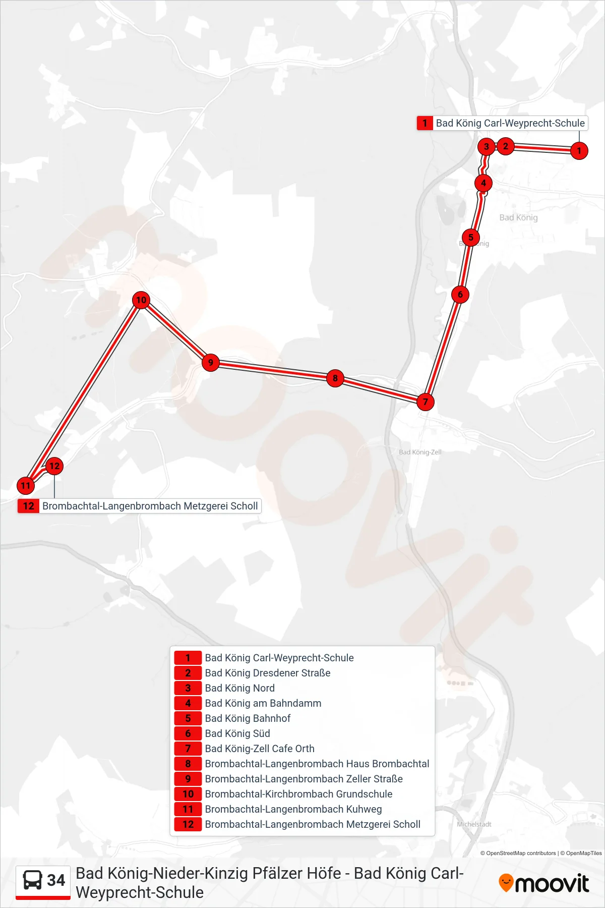 Linie 34 (Bus) Richtung Langenbrombach: Route und Haltestellen auf der Karte