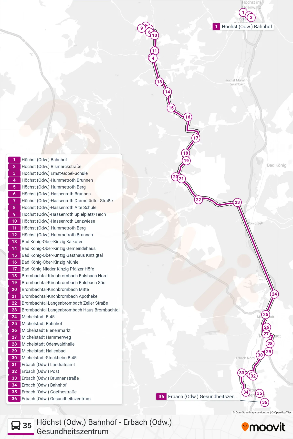 35 bus Line (Erbach) route and stops on a map