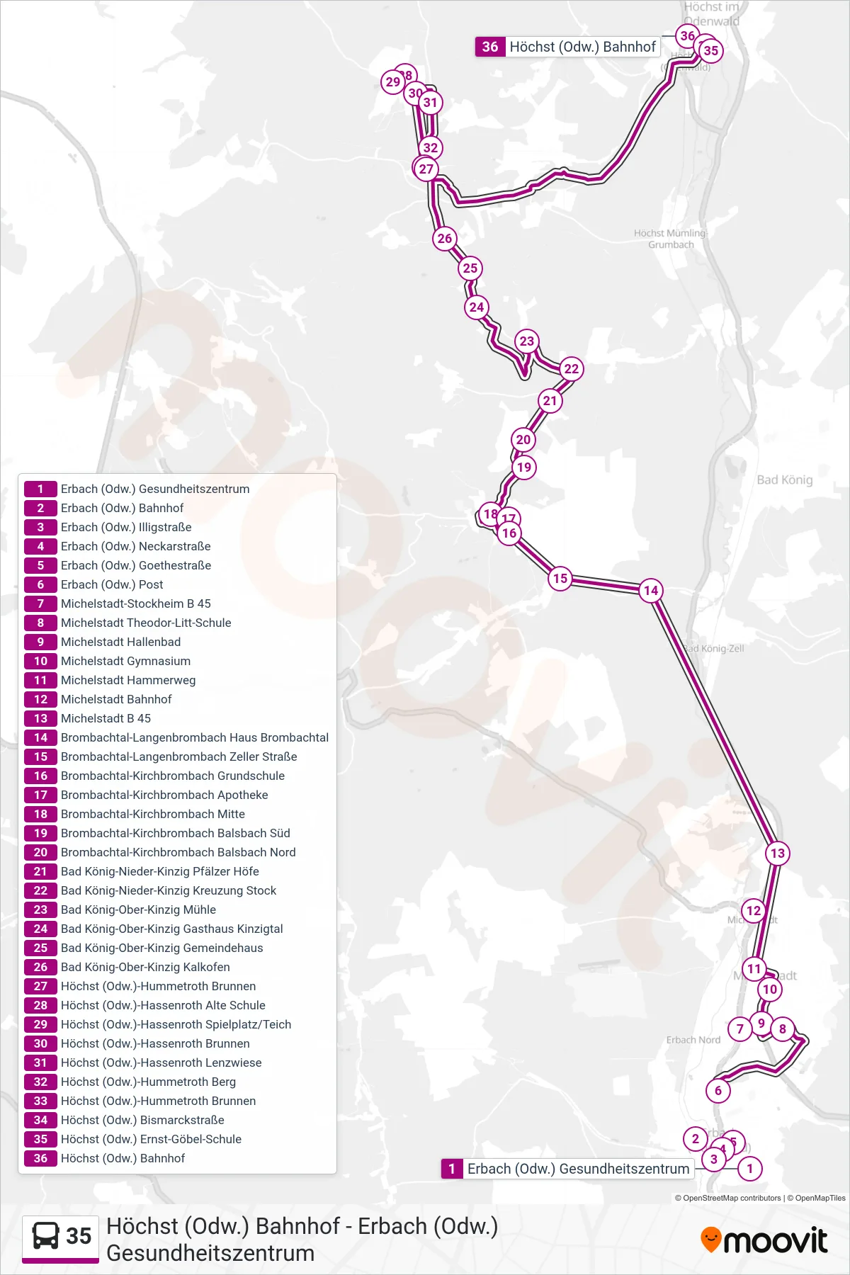 35 bus Line (Höchst) route and stops on a map
