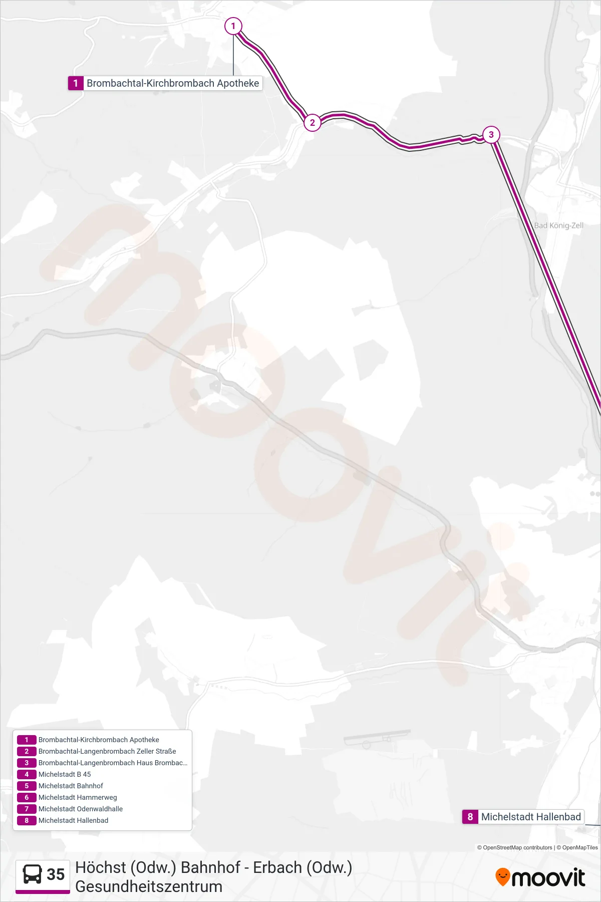 35 bus Line (Michelstadt) route and stops on a map