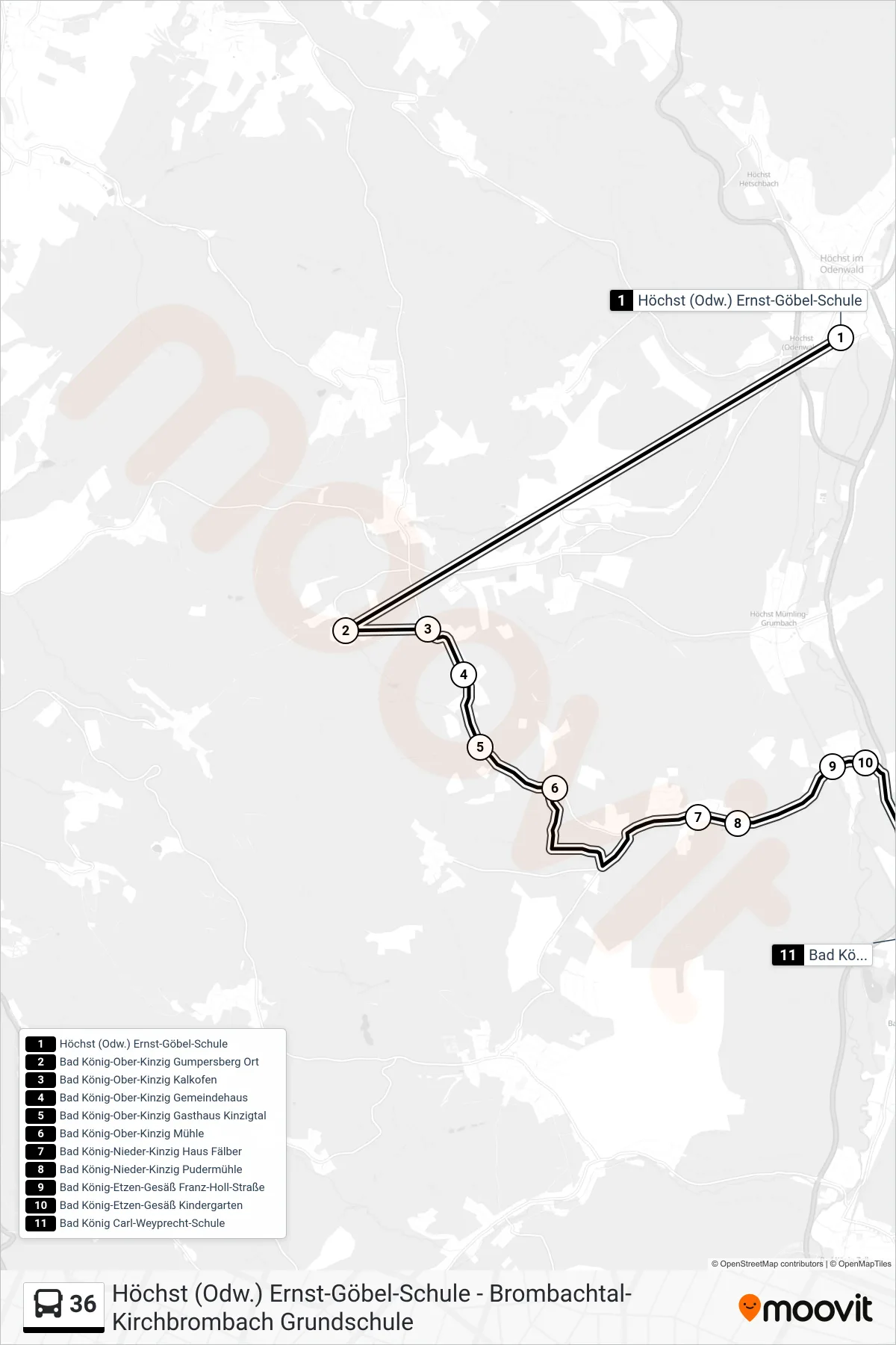 36 bus Line (Bad König) route and stops on a map