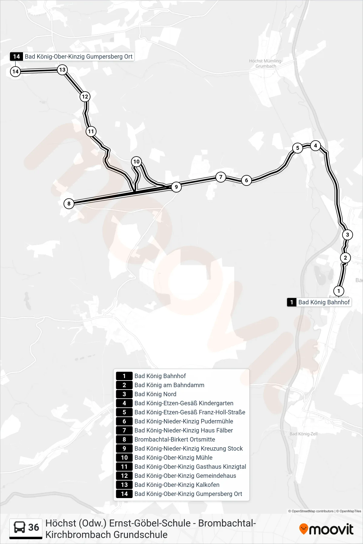 36 bus Line (Kinzigtal) route and stops on a map