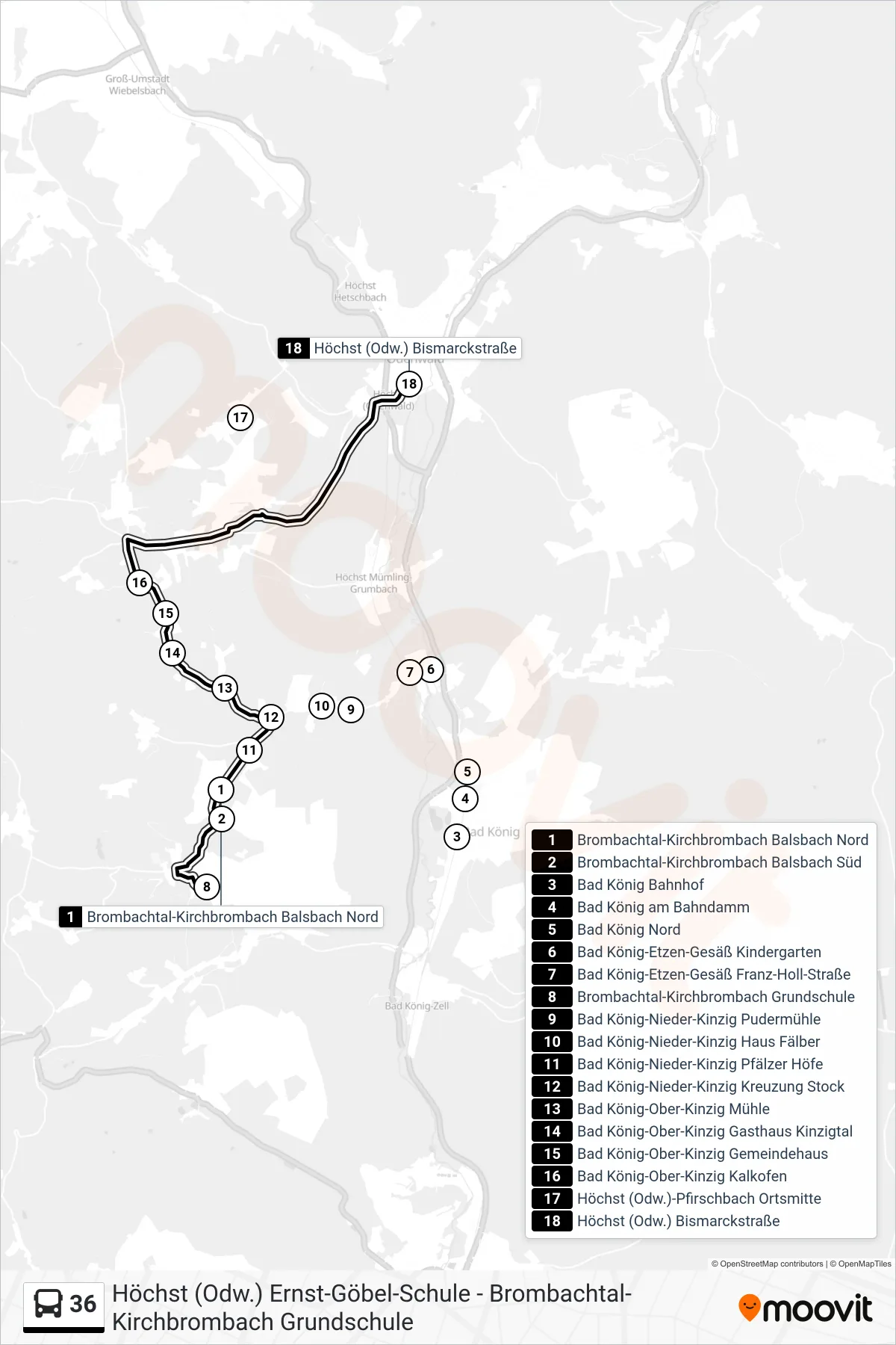 Linie 36 (Bus) Richtung Höchst: Route und Haltestellen auf der Karte