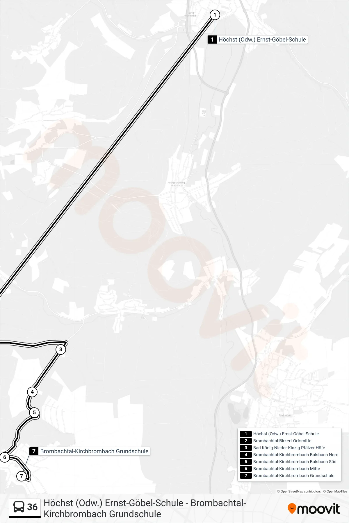 36 bus Line (Kirchbrombach) route and stops on a map