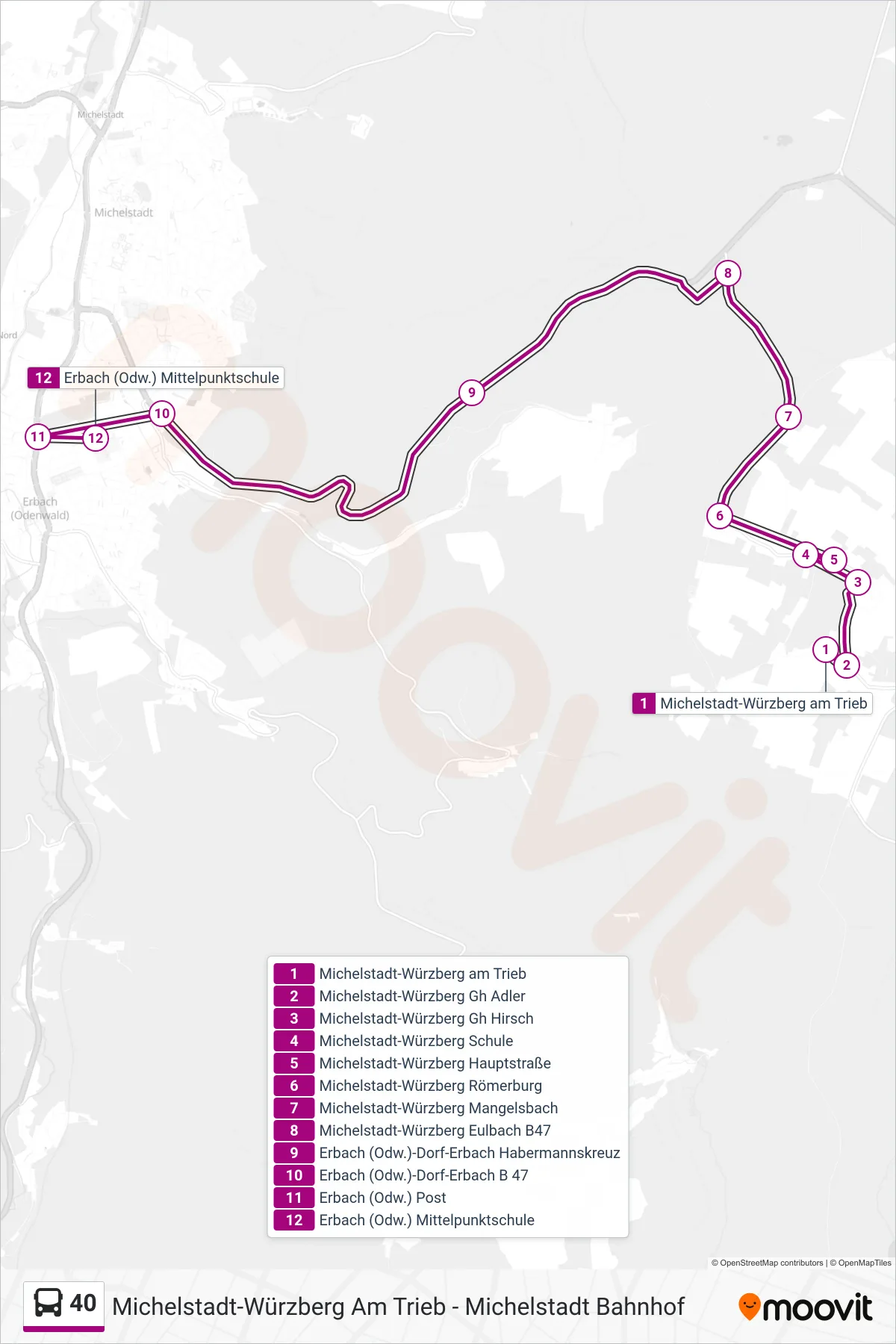 40 bus Line (Erbach Mittelpunktschule) route and stops on a map