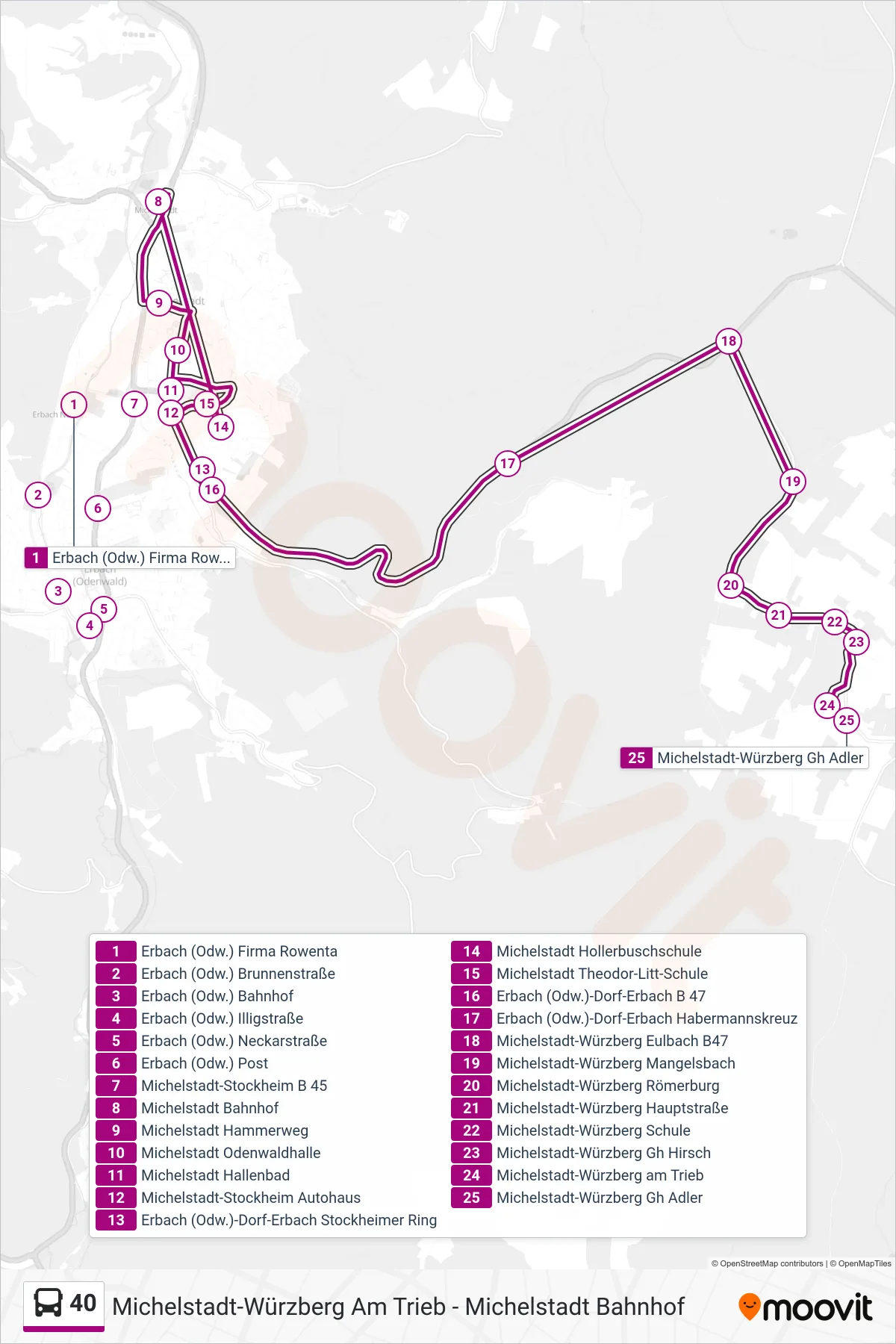 40 bus Line (Würzberg) route and stops on a map